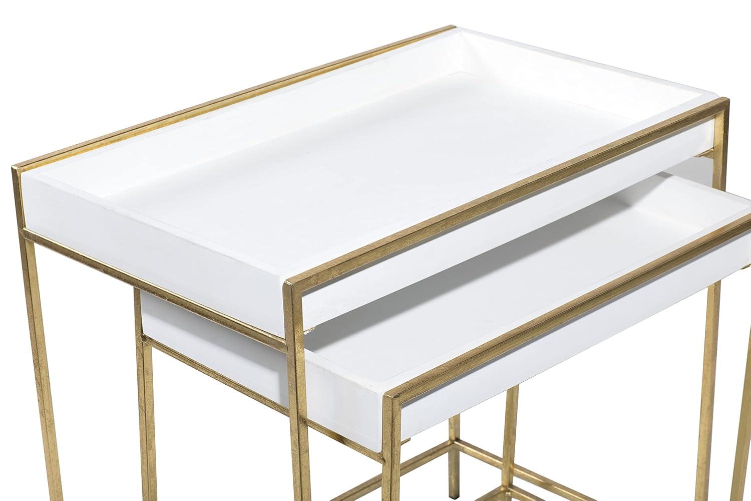 Mercer41 Blaine Wooden Nesting Tray Top Geometric Side End White Accent Table with Gold Metal Legs Set