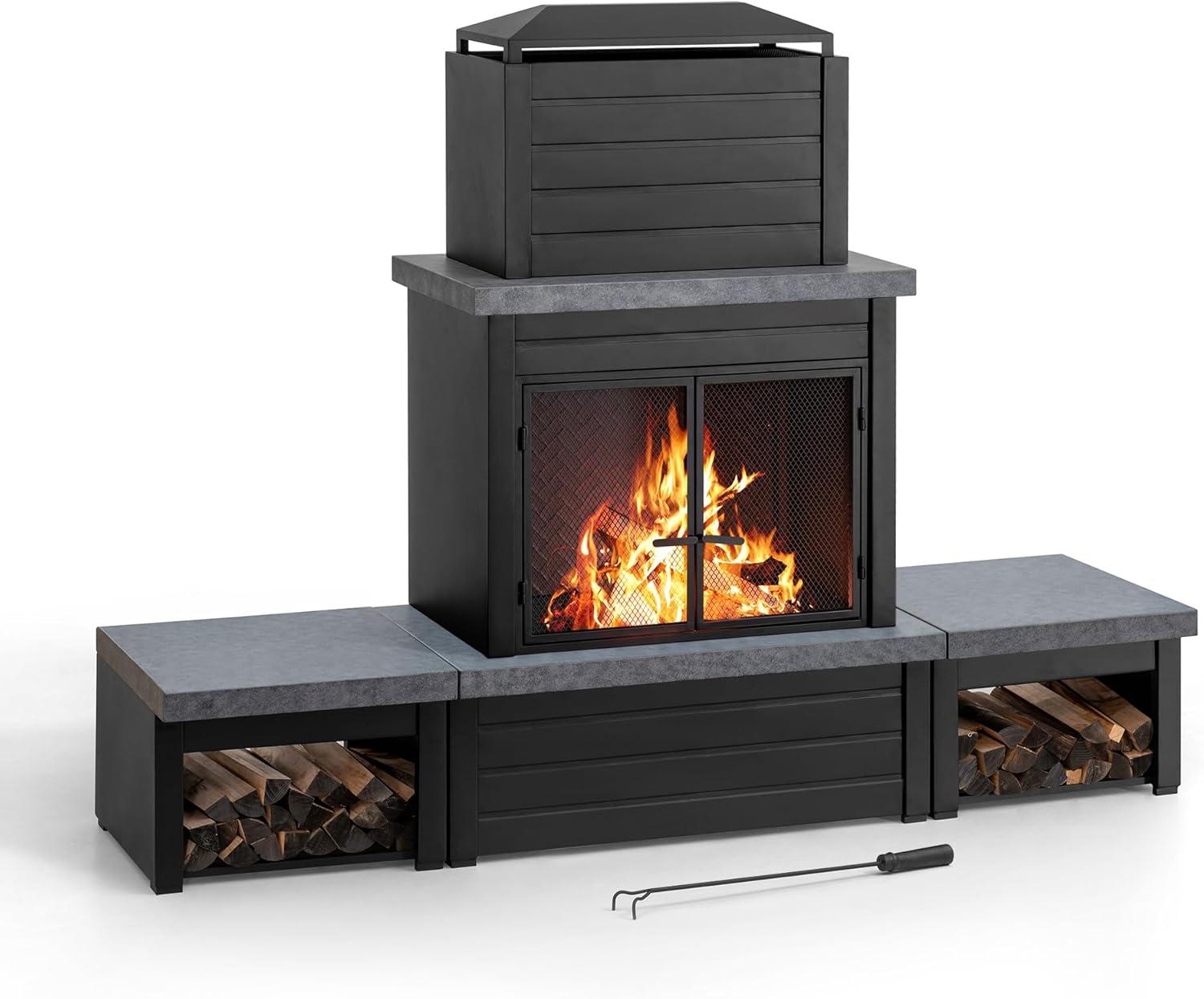 Sunjoy Outdoor Fireplace, Patio Wood Burning Steel Fireplace with Chimney, Log Holders, Fireplace Tool and PVC Cover