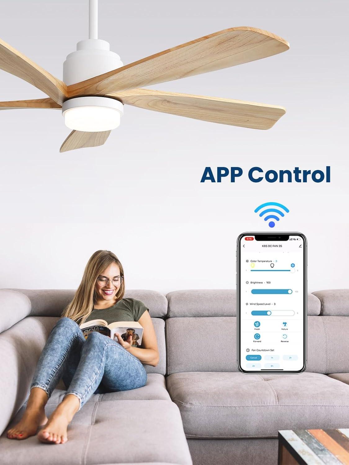 Sofucor 52" 5-Solid Blade Smart Modern Ceiling Fan with LED Light，Remote