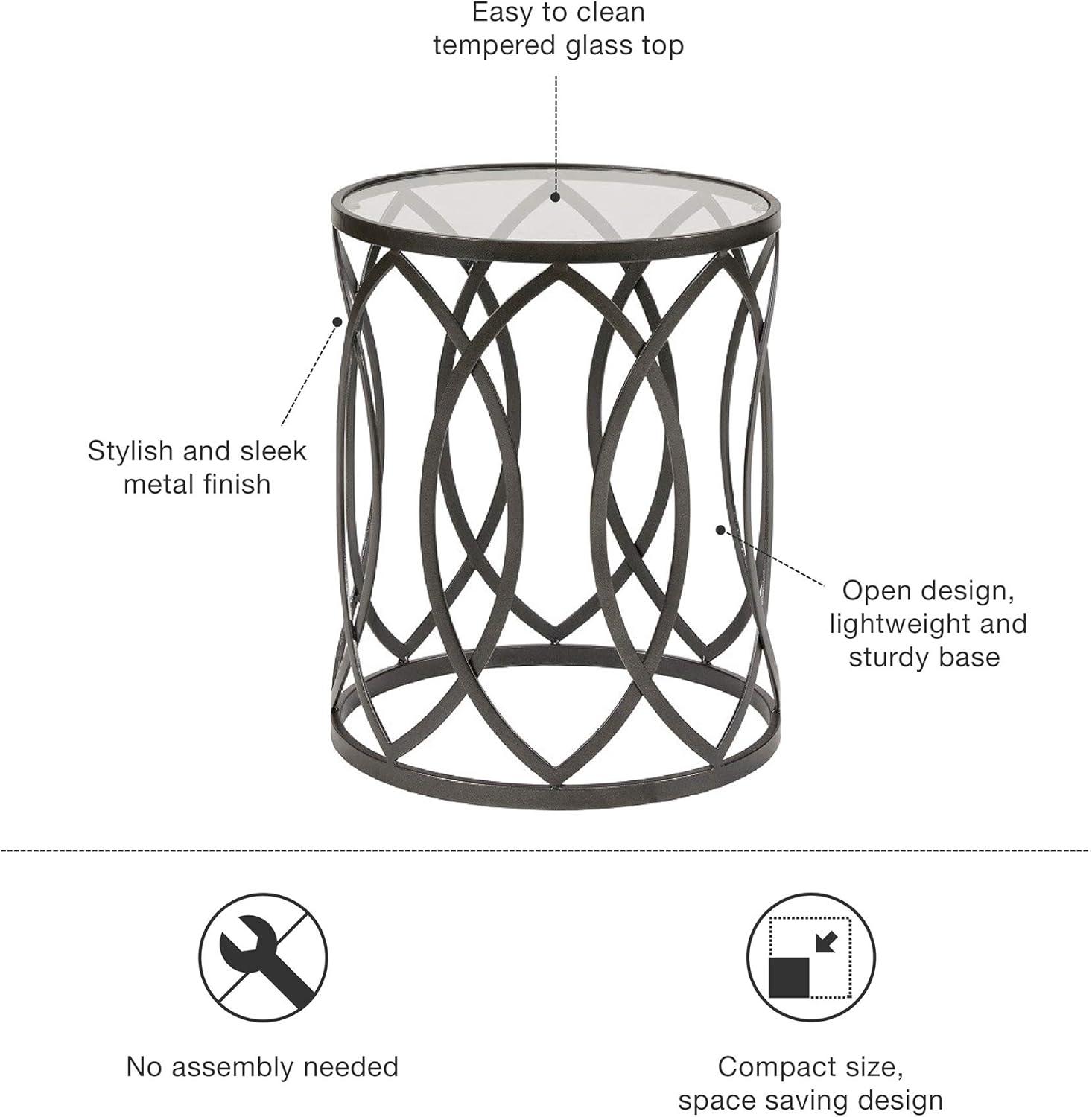 Gaige Metal Eyelet Accent Table - Pewter: Modern Round End, Tempered Glass Top, No Assembly Required