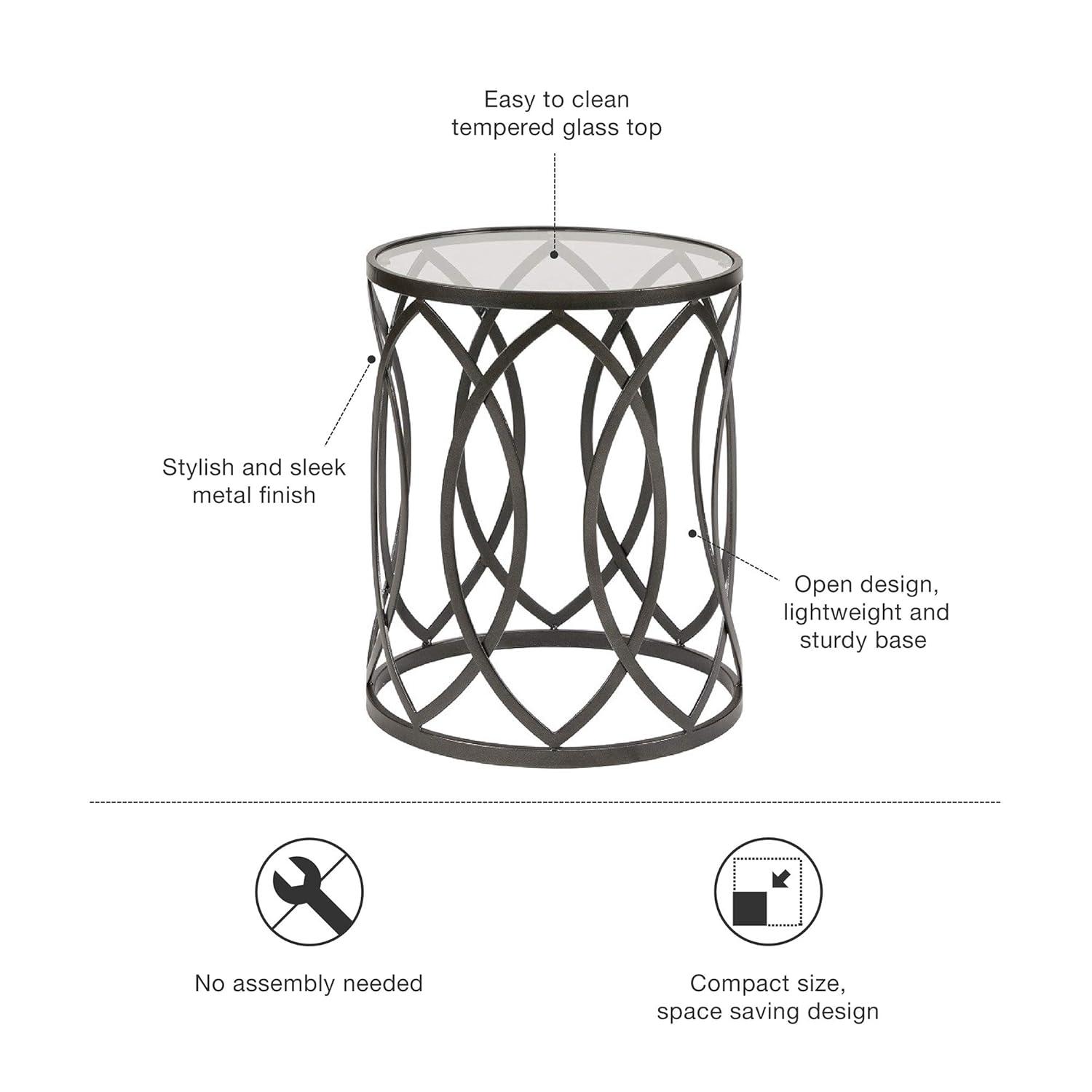 Gaige Metal Eyelet Accent Table - Pewter: Modern Round End, Tempered Glass Top, No Assembly Required