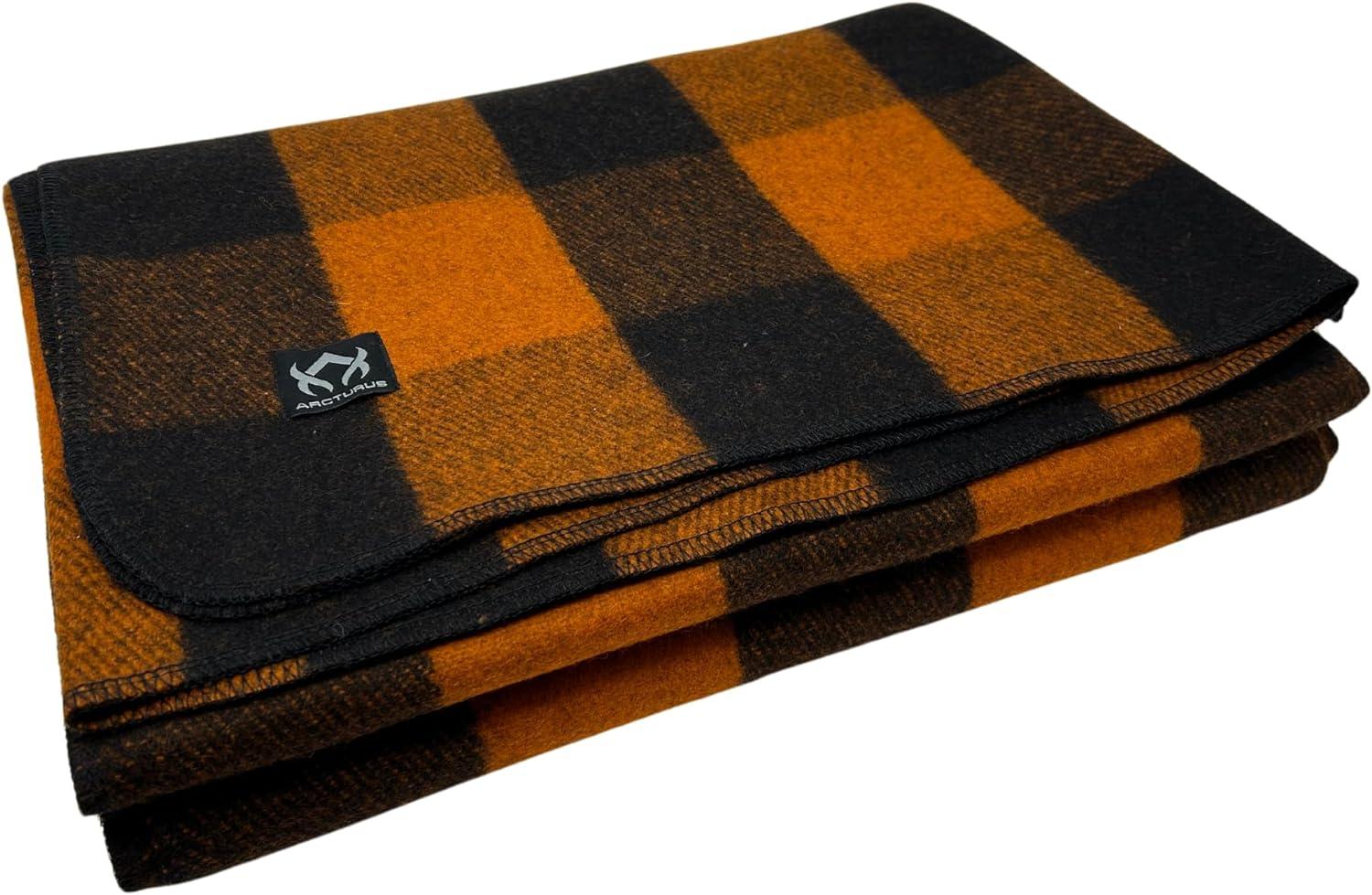 Large Orange Buffalo Plaid Wool Blanket, Machine Washable