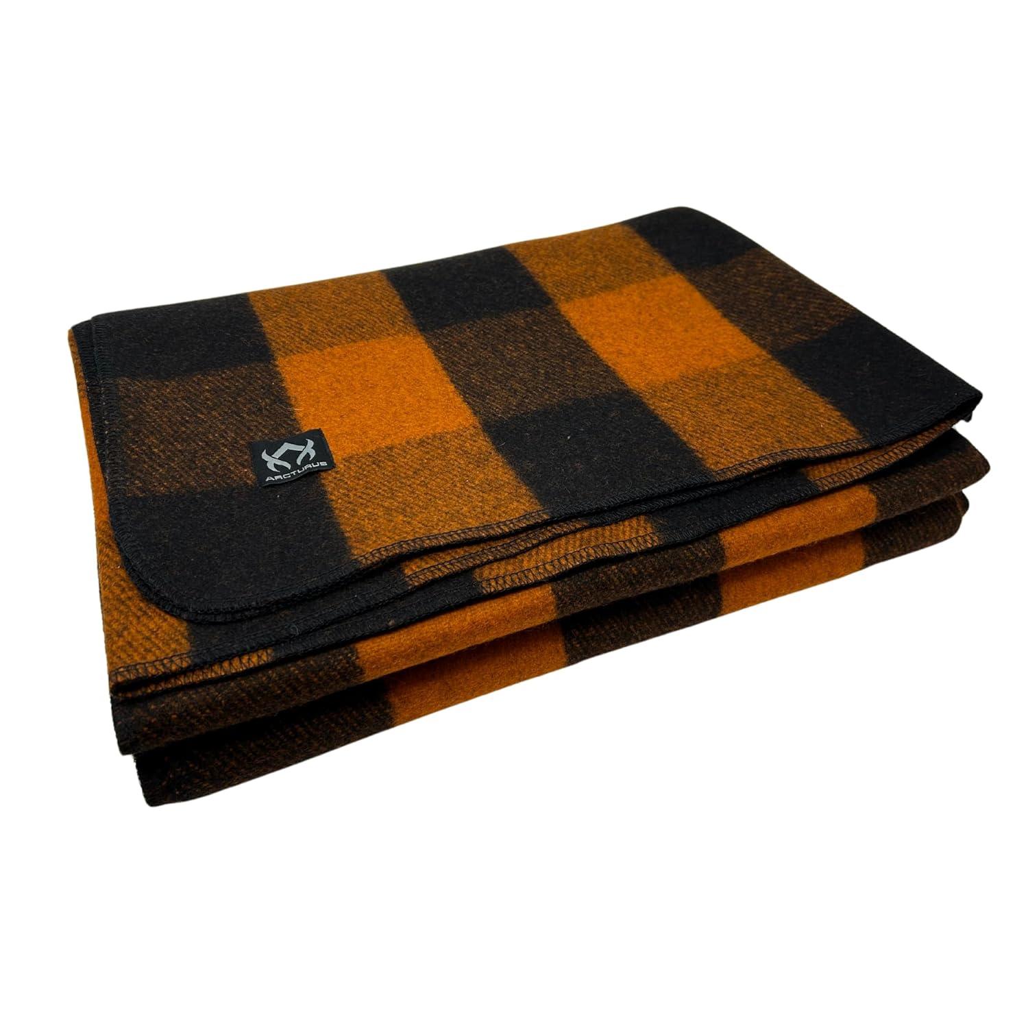 Large Orange Buffalo Plaid Wool Blanket, Machine Washable