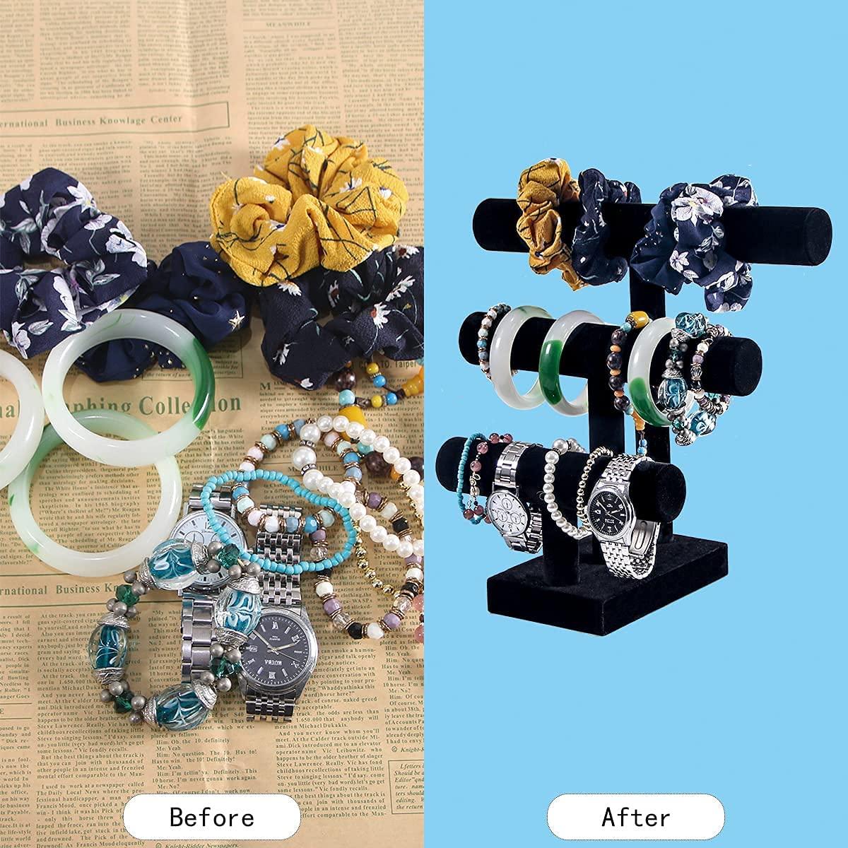 T Bar Bracelet Display Stand,Bracelet Organizer Holder,Jewelry Display Stand, Necklace Bangle Scrunchie Watch Organizer (Black, 3 tier)