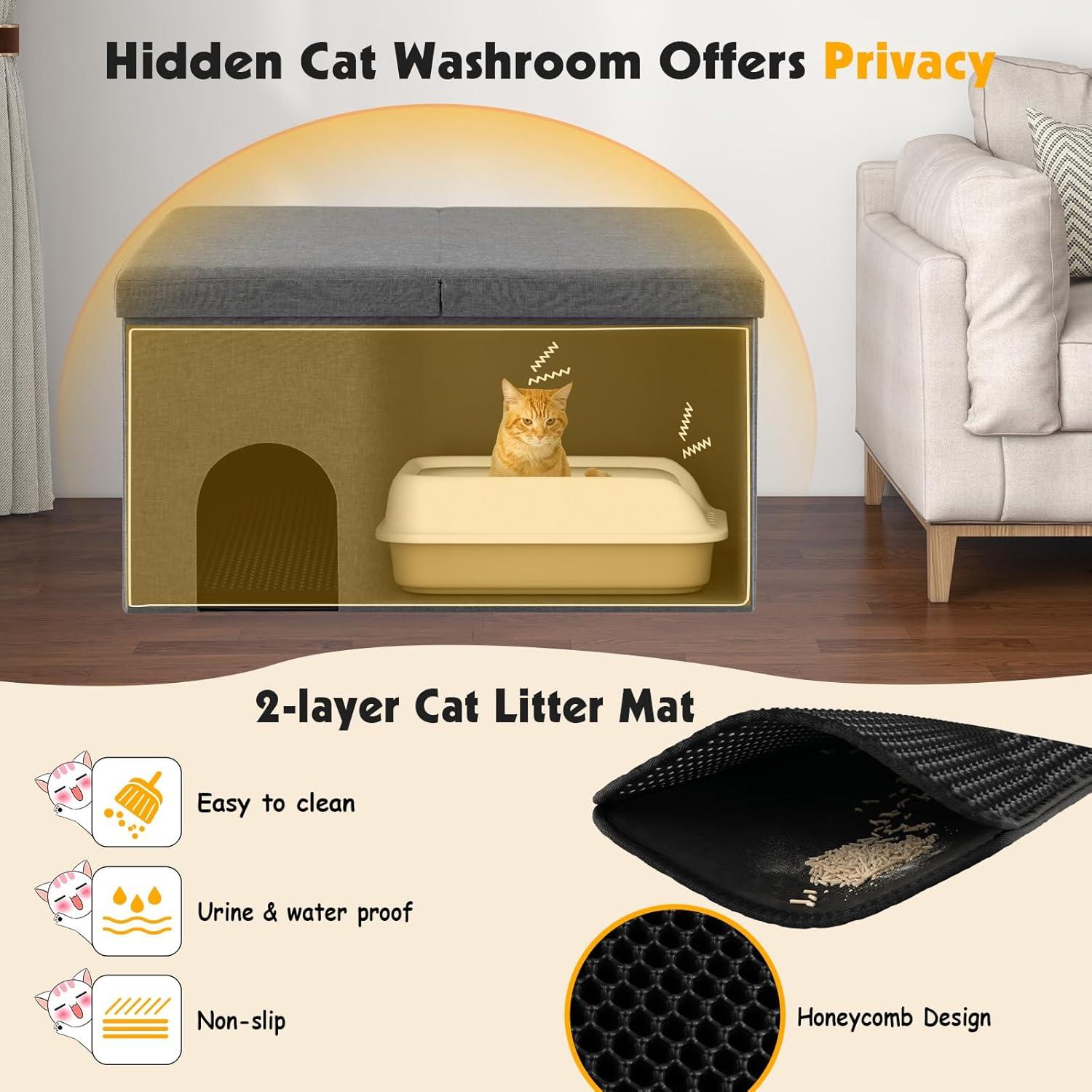 Cat Litter Box Enclosure Hidden Furniture with Urine Proof Litter Mat-Gray, Cat Litter Box Enclosure , Hidden Cat Washroom Furniture, Pet Crate for Living Room, Bedroom, Balcony
