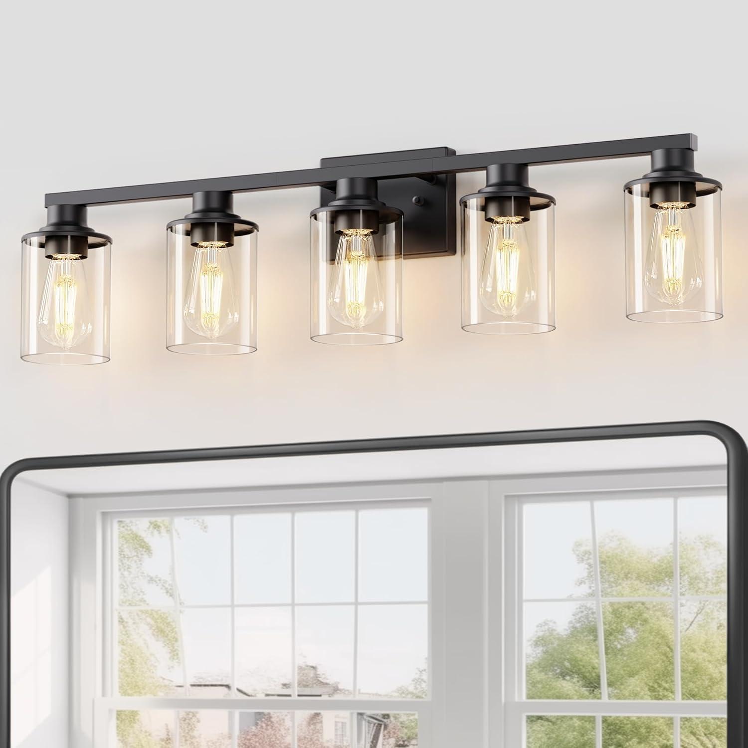 Matte Black 5-Light Bathroom Vanity Fixture with Glass Shades