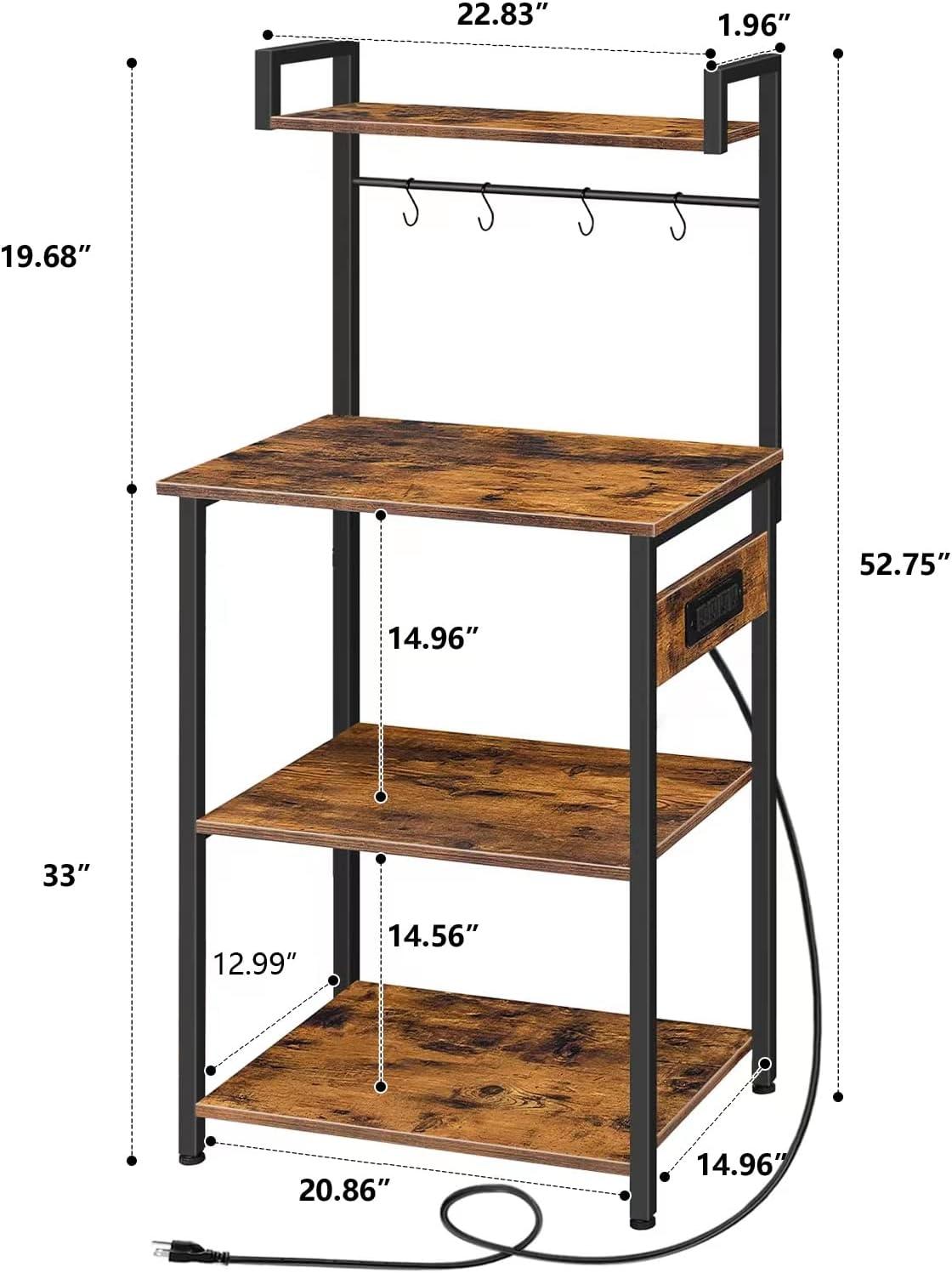 Rustic Brown 5-Tier Bakers Rack with Power Outlet