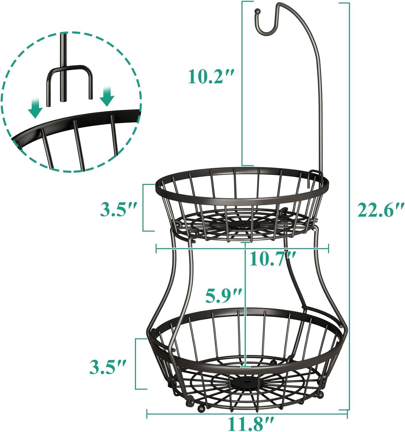 Black Metal 2-Tier Fruit Basket with Banana Hanger