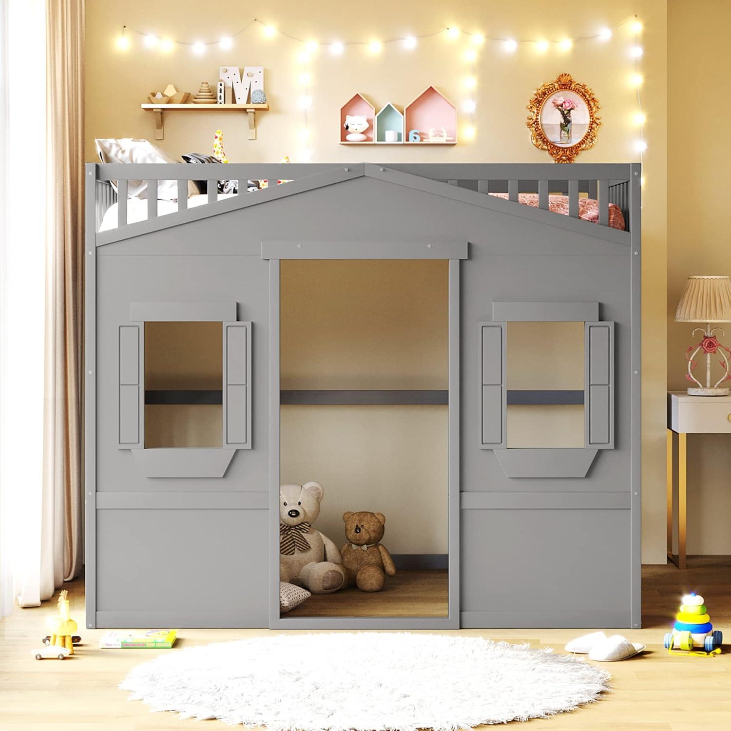 Full Size House Loft Bed Frame, Wooden House Shaped Bed Frame with Ladder, Windows and Safety Guardrails, Playhouse Loft Bed Frame for Bedroom Guest Room Dorm Apartment, Gray