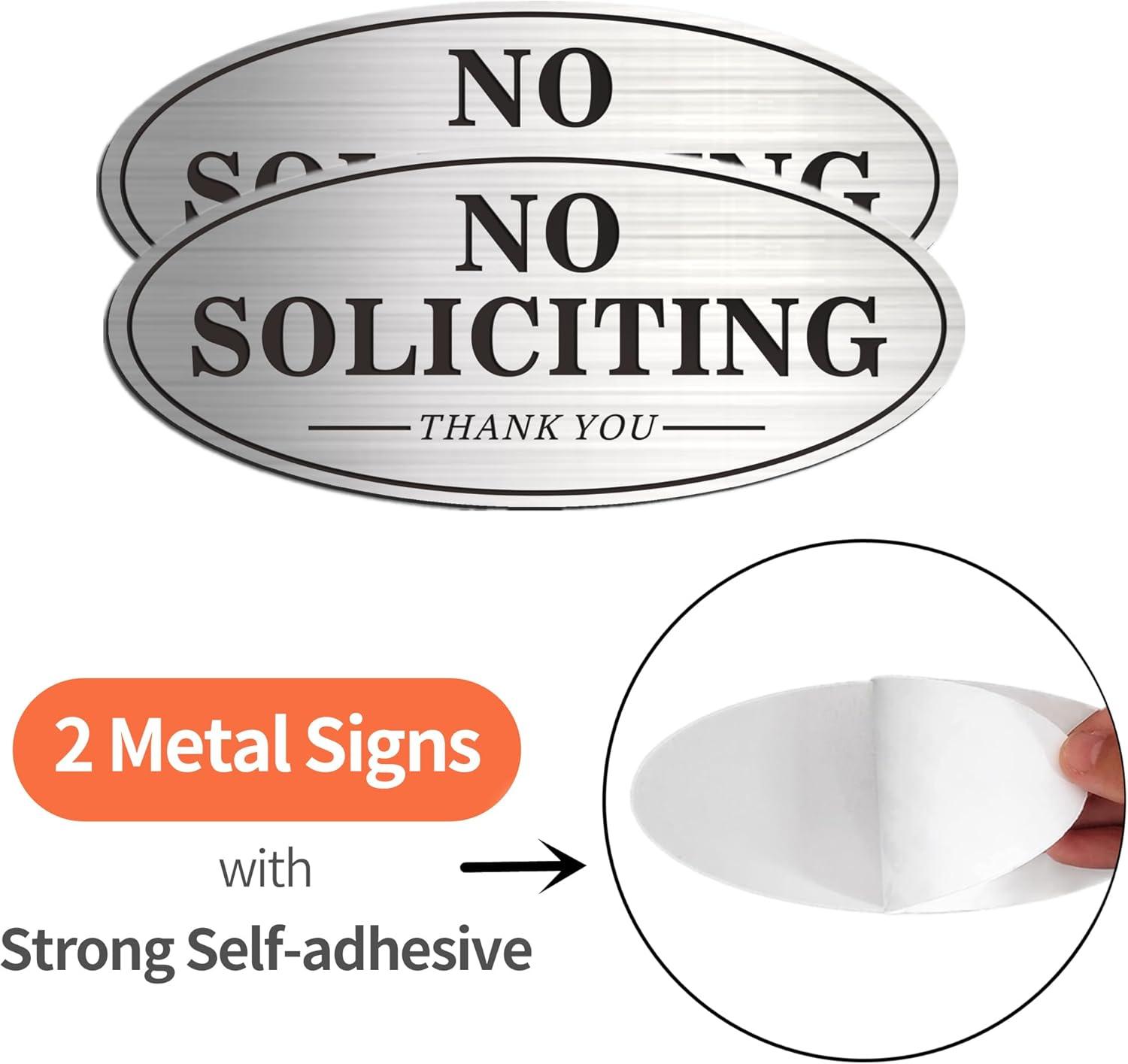 No Soliciting Sign, No Solicitors Sign for Front Door, 2 Pack Self-Adhesive Aluminum Metal No Solitation Do Not Knock or Ring Bell Sign, 7.0 x 3.0 inches Weather Resistant Signs for Home Doorbell Busi