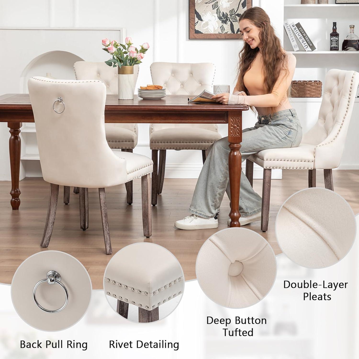 BELLEZE Upholstered Dining Chairs Set of 2, Velvet Luxury Dining Room Chairs with Button Back, Nailhead Trim, Pull-ring, Solid Wood Legs for Kitchen, Living Room, Restaurant - Chandler (Beige)