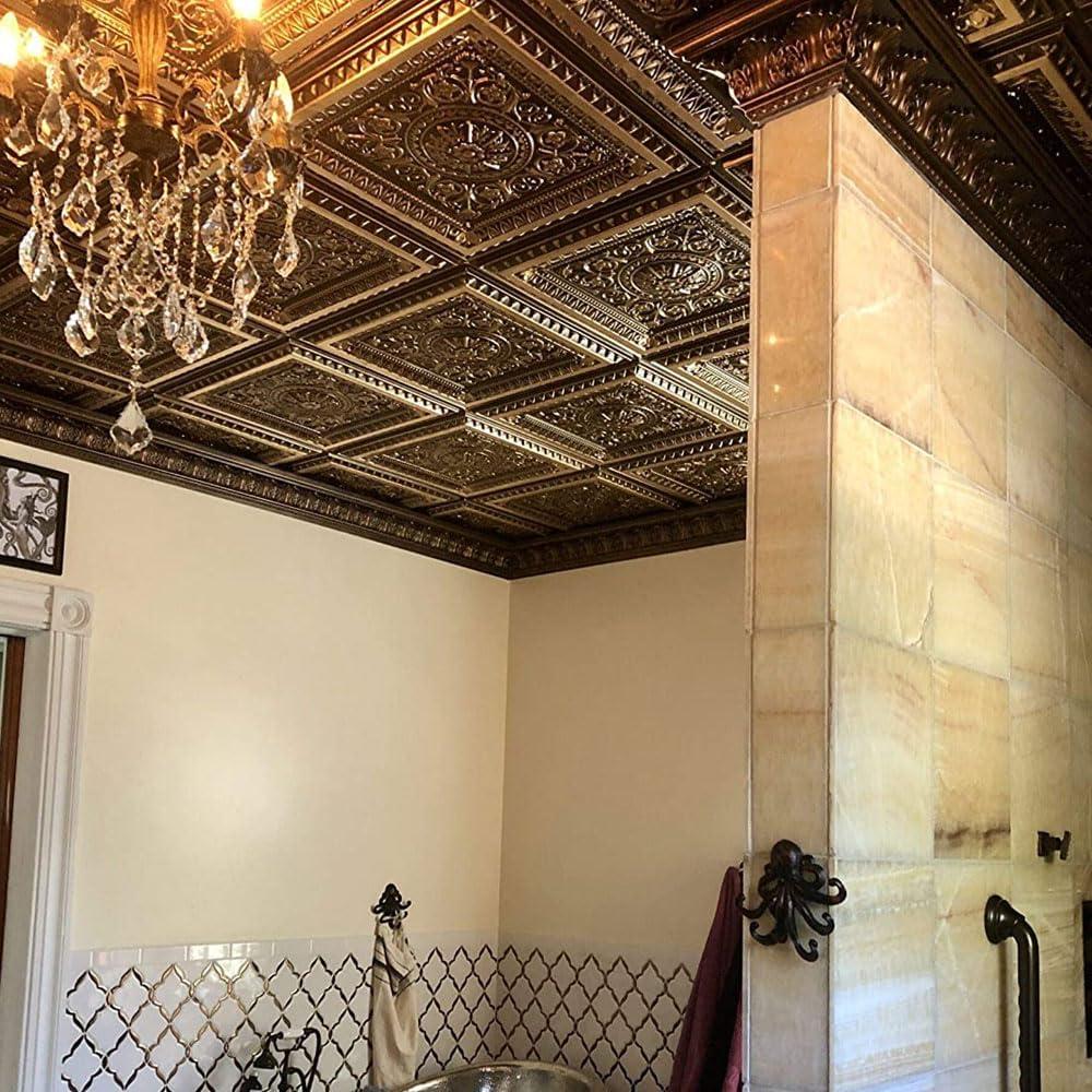 uDecor Marseille 24'' W Textured PVC Drop-In Ceiling Tile In Antique Gold (Set of 10)