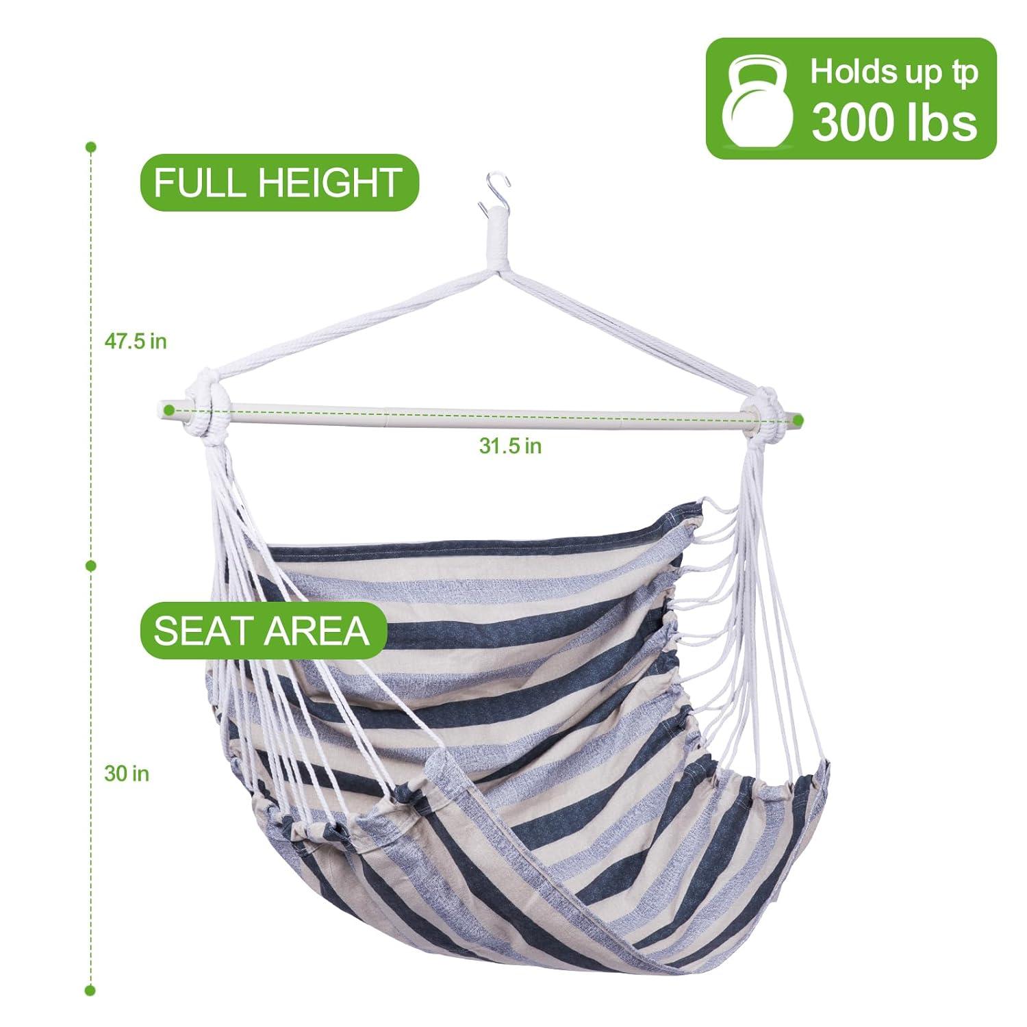 Backyard Expressions Striped Hammock Chair Hanging Rope Swing Chair, Anti Slip Steel Spreader Bar