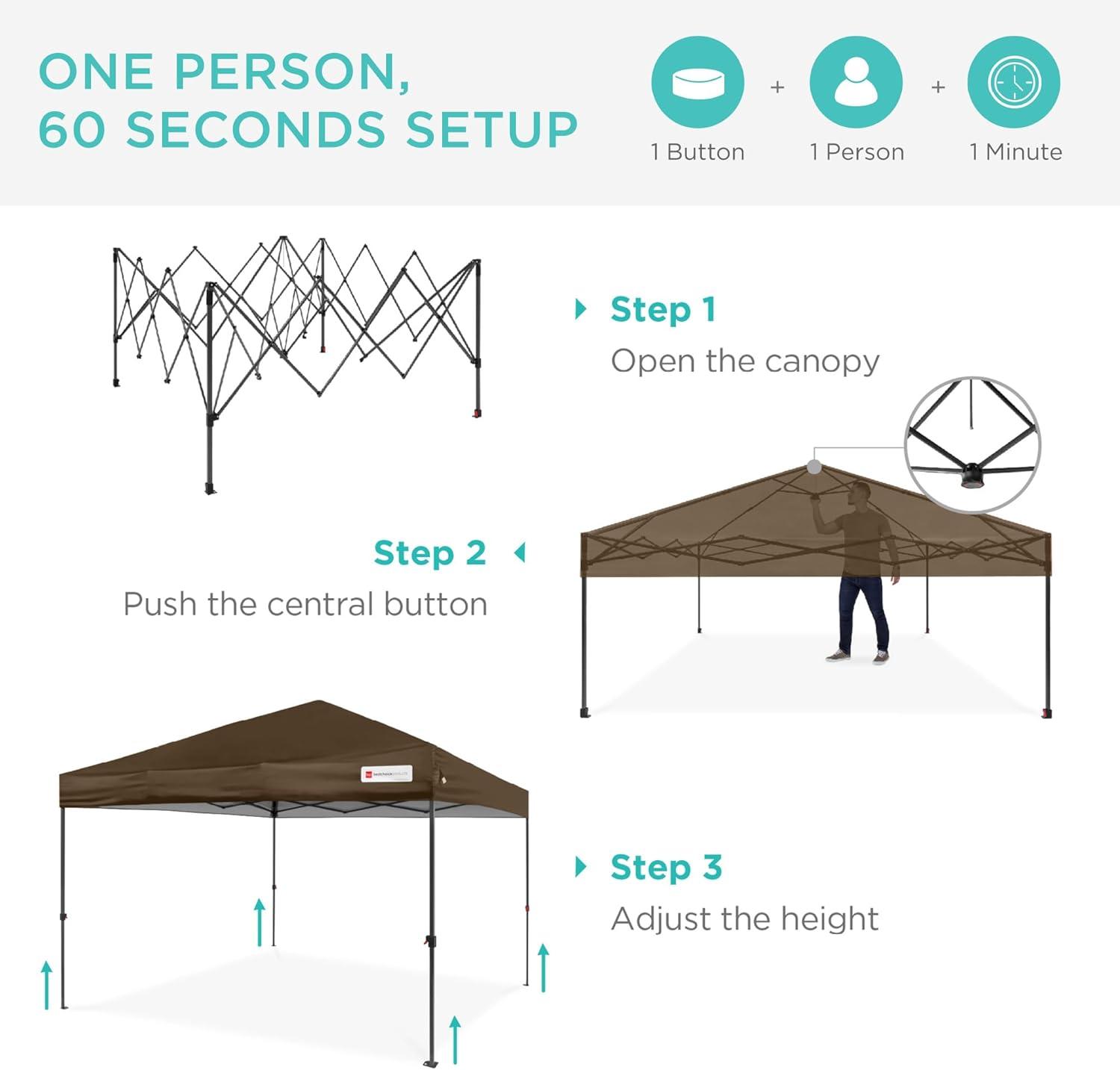 Best Choice Products Best Choice Products Easy Setup Pop Up Canopy W/ 1-Button Setup, Wheeled Case, 4 Weight Bags