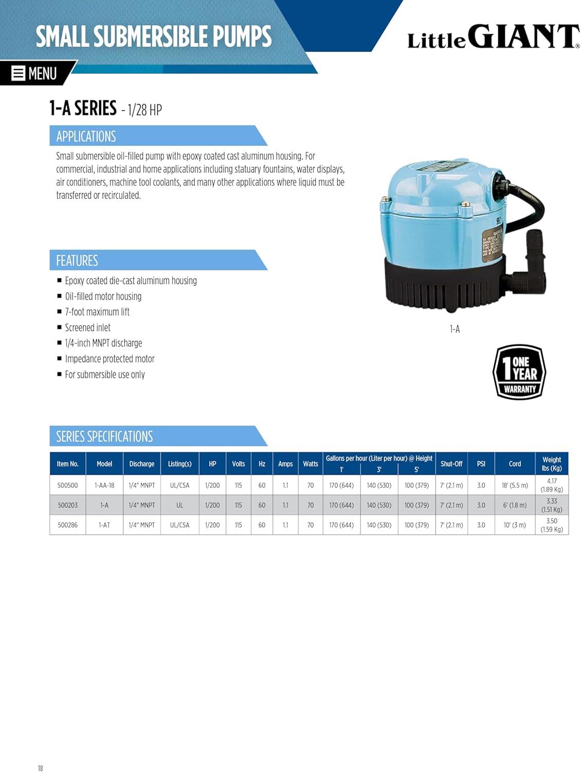 Little Giant 1-A 170 GPH 1/200 HP Permanently Oiled Direct Drive Pump | 500203