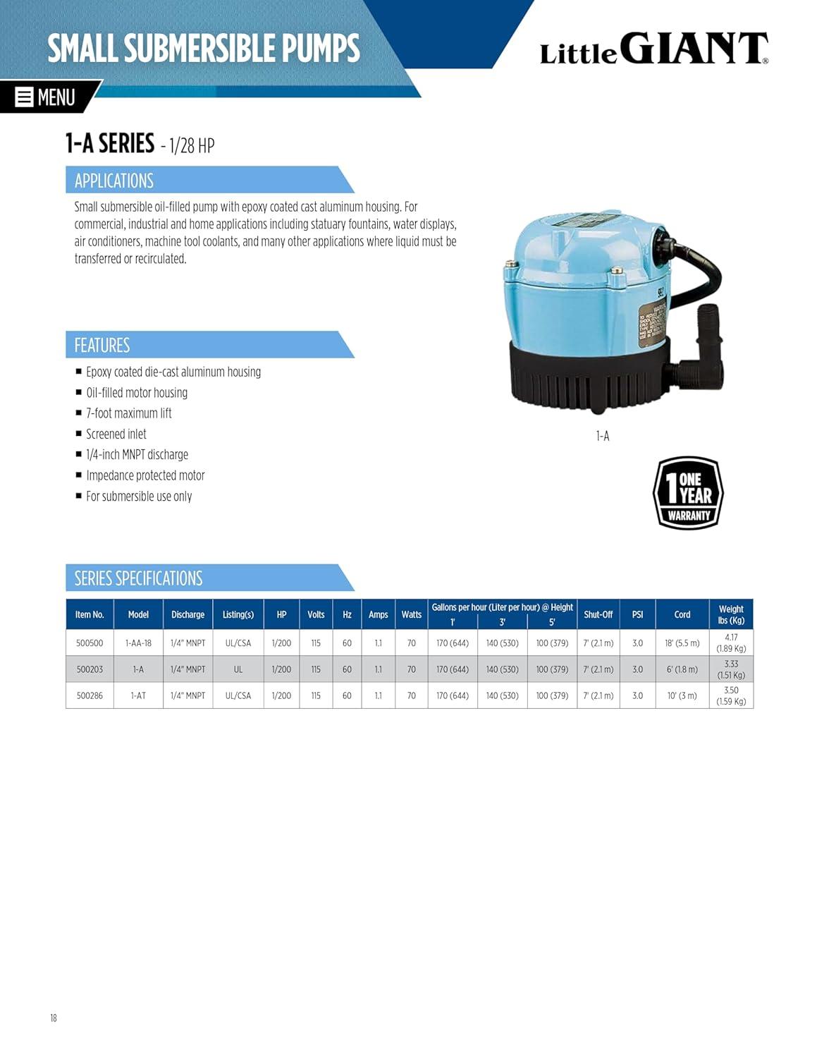 Little Giant 1-A 170 GPH 1/200 HP Permanently Oiled Direct Drive Pump | 500203