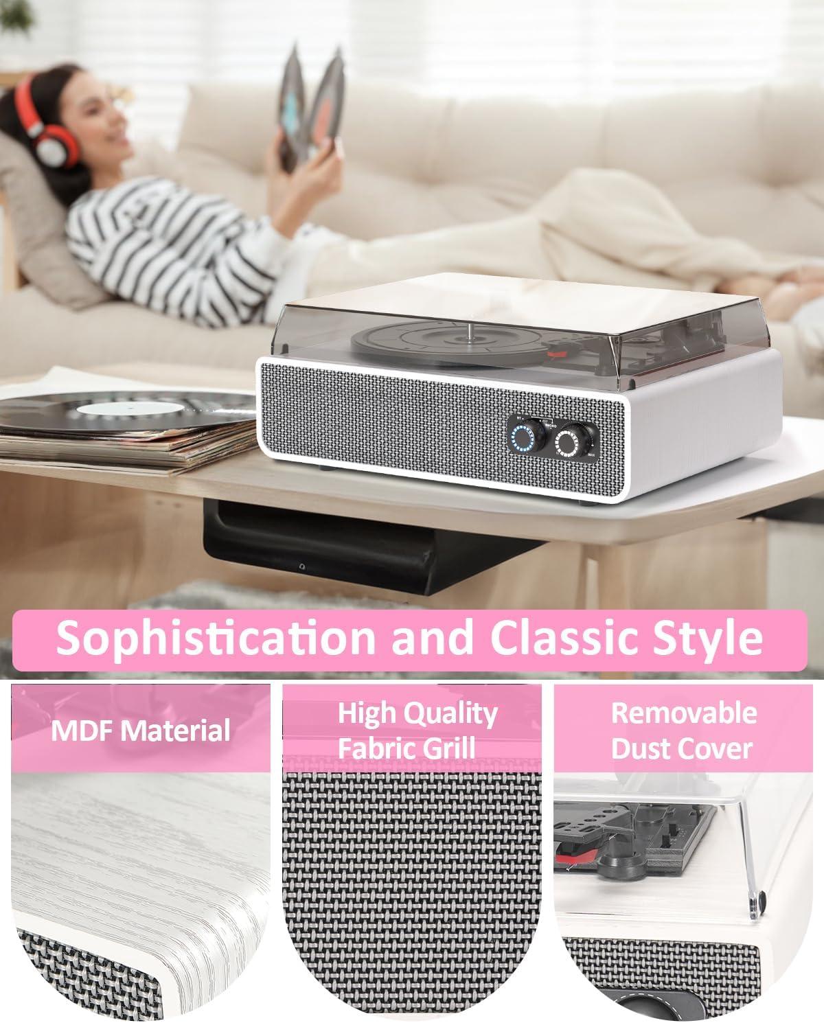 Vinyl Record Player with Upgraded Built-in Speakers, 3-Speed Belt-Driven Bluetooth Turntable for Vinyl Records, White Wood Grain Vintage Phonograph with RCA Out & AUX in, Auto Stop, MDF Cabinet