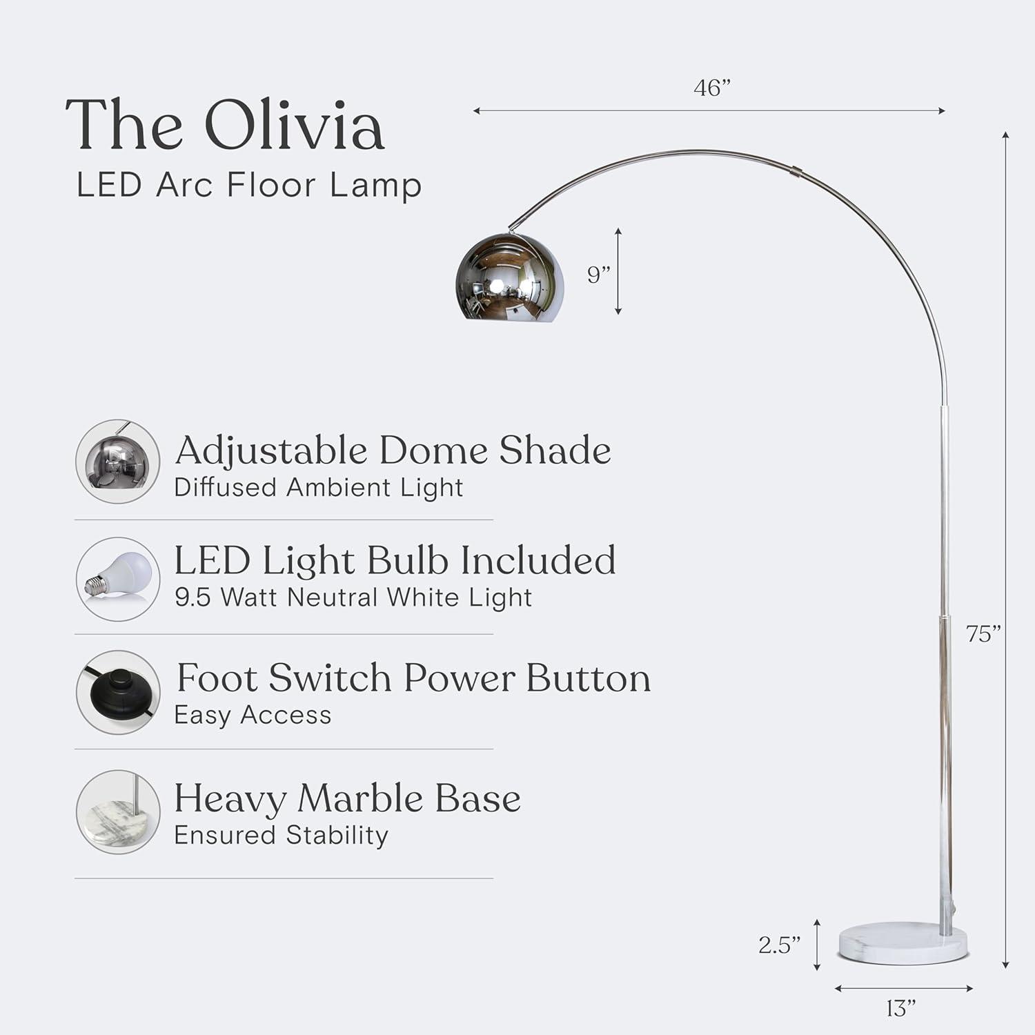 Brightech Olivia 75" Modern Industrial LED Arc Floor Lamp with Silver Chrome Finish, White Marble Base, and Metal Bowl Shade, Bulb Included