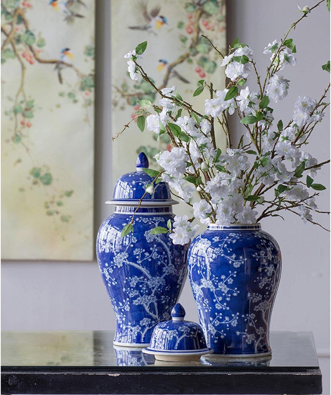 Blue and White Porcelain Ginger Jar with Lid, 18"