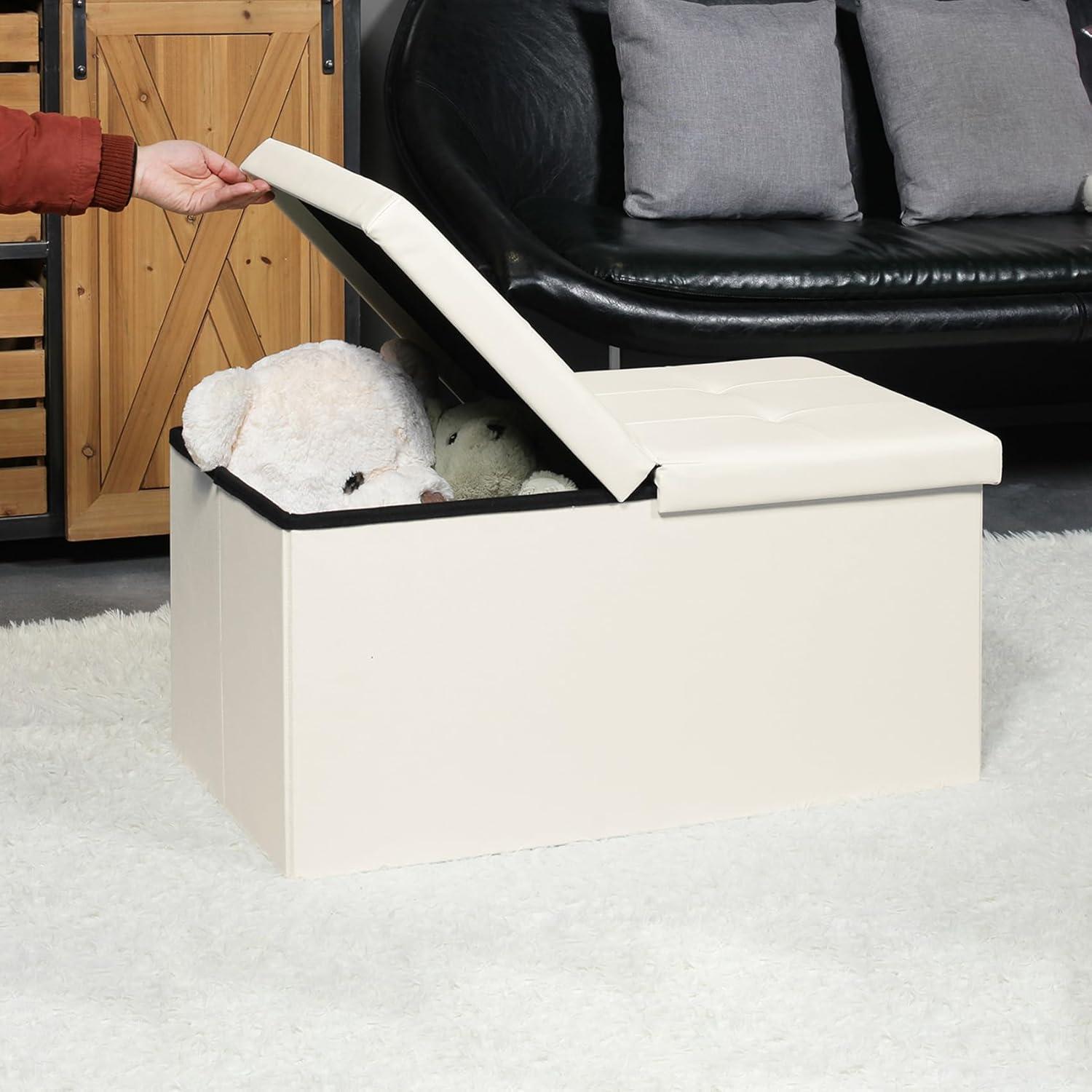 SONGMICS 30 Inches Folding Storage Ottoman Bench with Flipping Lid White