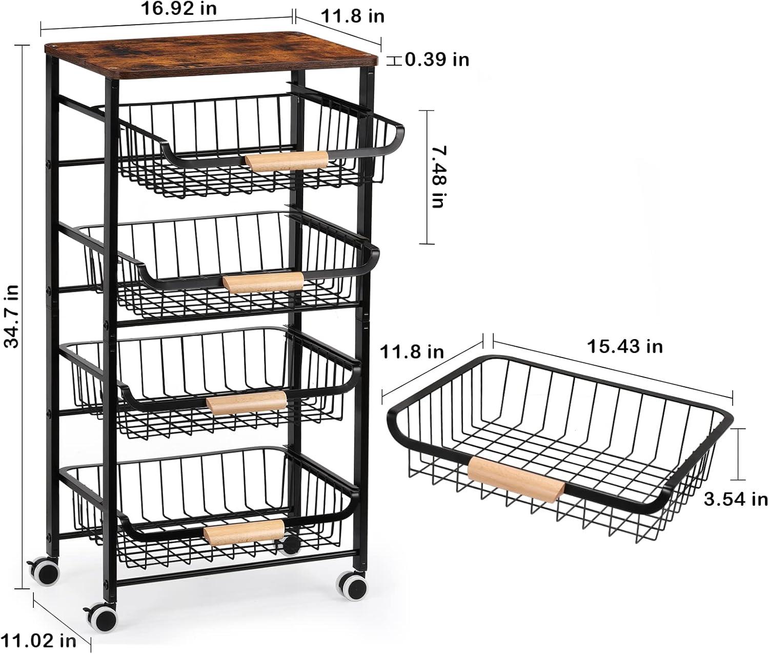 Fruit Basket, 5-Tier Utility Kitchen Organizer and Storage Cart with Pull-Out Baskets and Wood Top, Rolling Pantry Kitchen Cart on Wheels for Fruit Potato Onion Vegetable Snack Produce