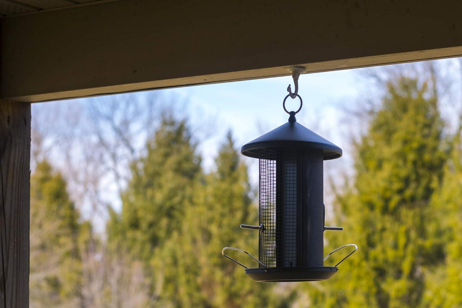 Matte Black Heavy Duty Metal Hanging Bird Feeder with Dual Nut and Seed Compartments