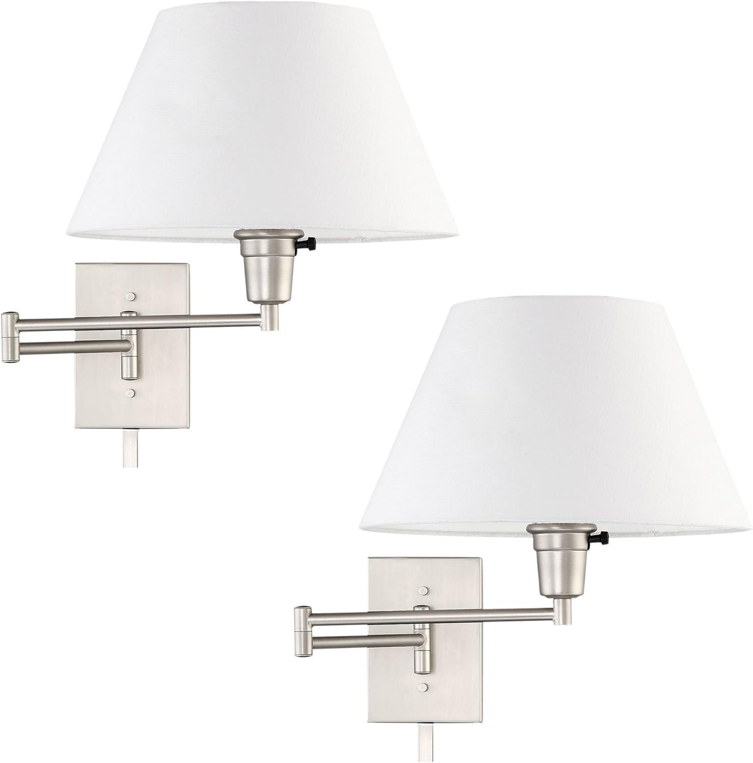 Revel Cambridge 13" Swing Arm Wall Lamp - Plug In/Wall Mount + White Fabric Shade, 150W 3-Way, Satin Nickel, 2-Pack