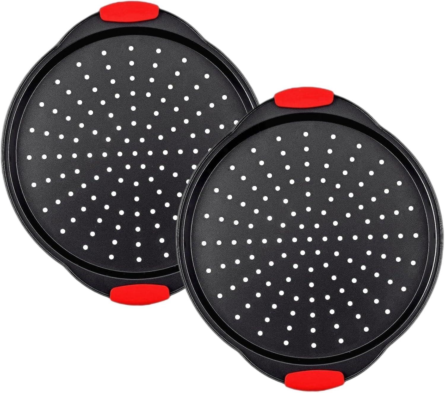 Non-Stick Carbon Steel Perforated Pizza Pans with Silicone Handles