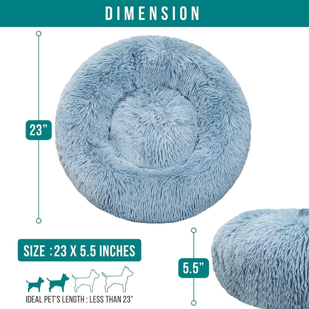 PetAmi Calming Dog Bed for Puppy Cat Kitten, Round Washable Pet Bed, Anti Anxiety Cuddler, Fluffy Plush Circular Donut Bed (Dusty Blue, Small - 23")