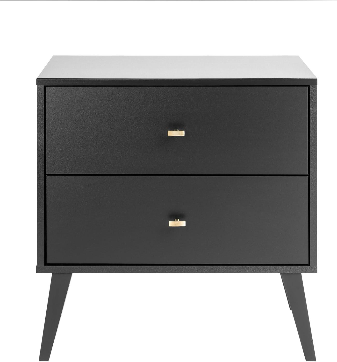 Mid Century Modern 2 Drawer Wide Nightstand Black - Prepac: Sleek Bedside Furniture, Tapered Legs