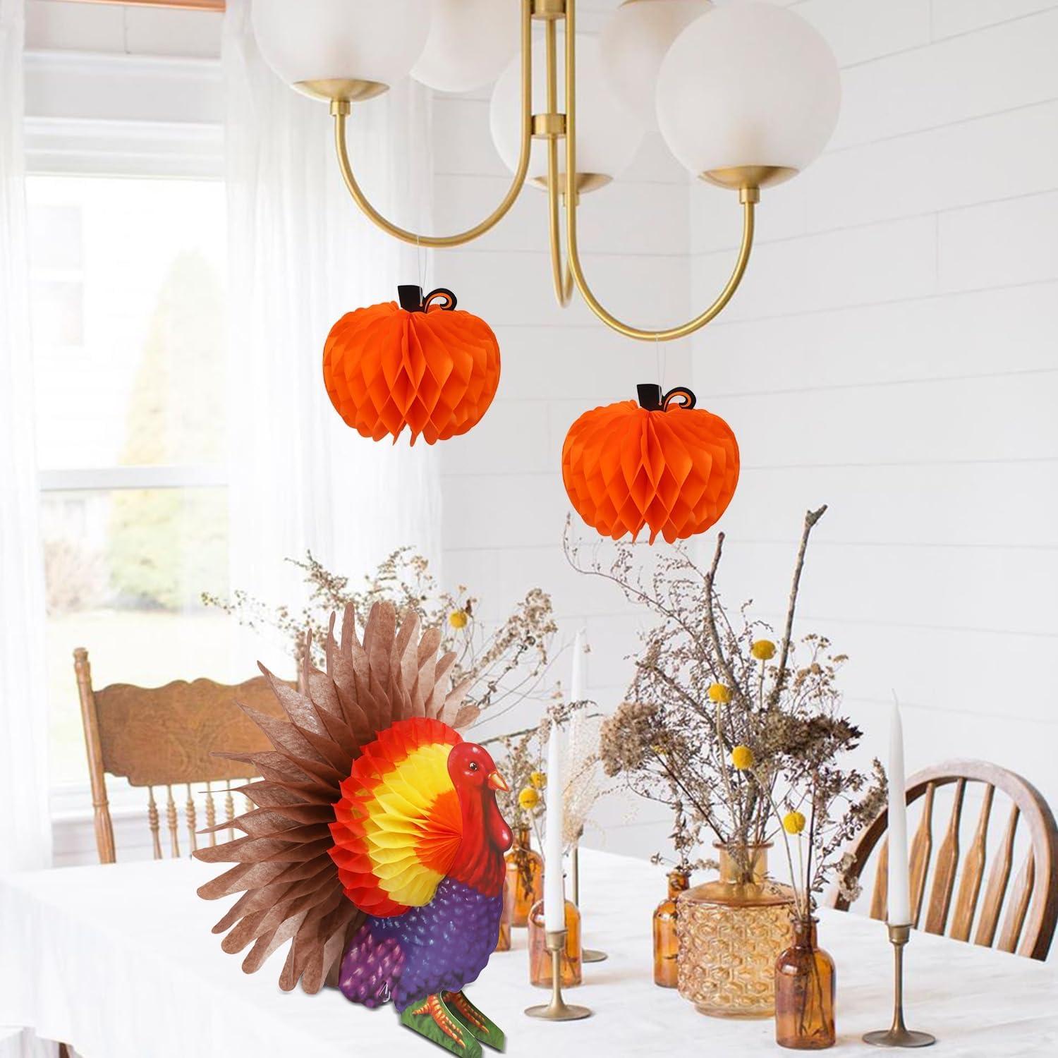 FORUP Thanksgiving Tissue Turkey Decorations - Turkey Pumpkin Centerpiece with Artificial Maple Leaves for Harvest Party Table Accessories