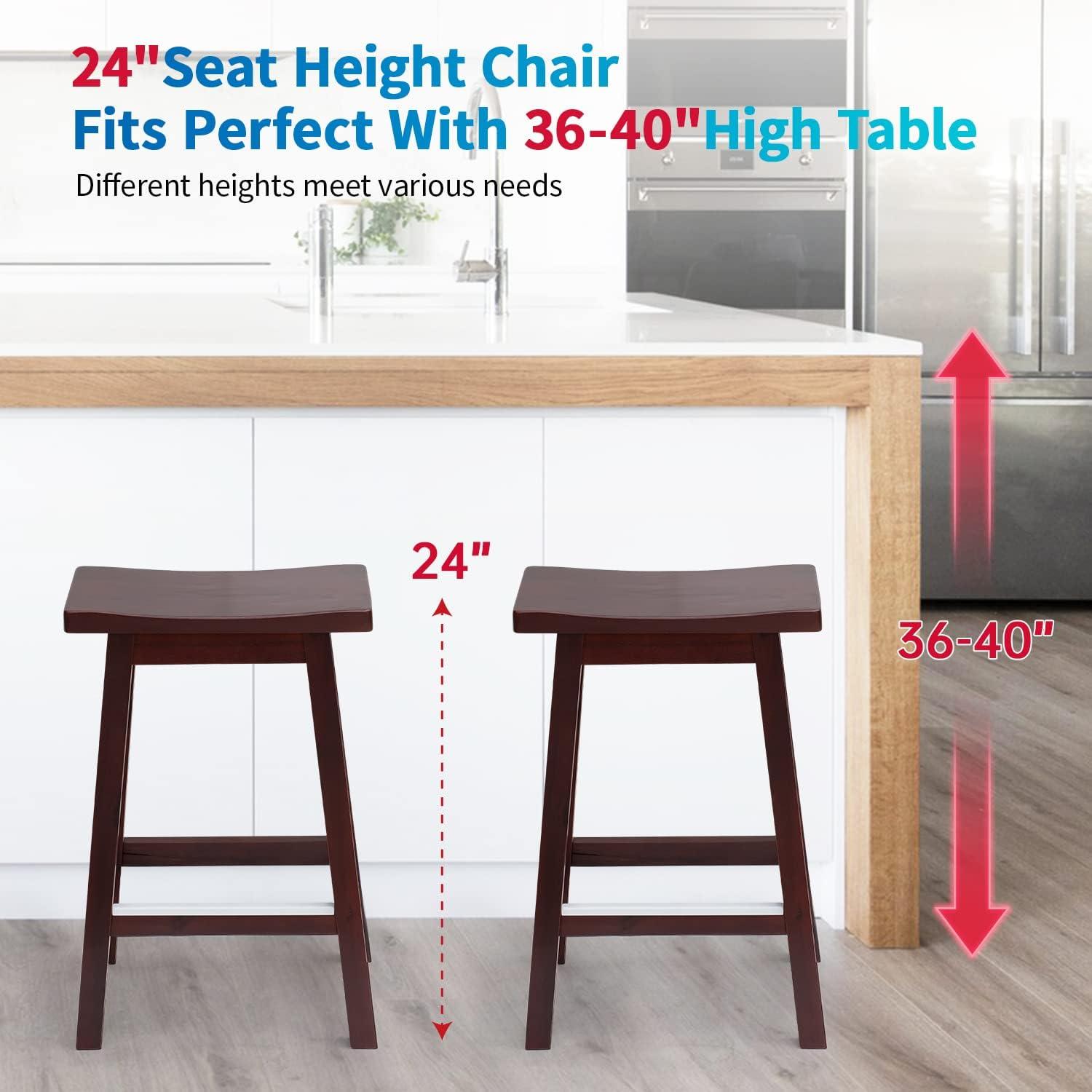 QuellQuest Bar Stools Set of 2 for Kitchen Counter Solid Wooden Saddle Stools 24-Inch/30-Inch Height (Brown, 24 in)