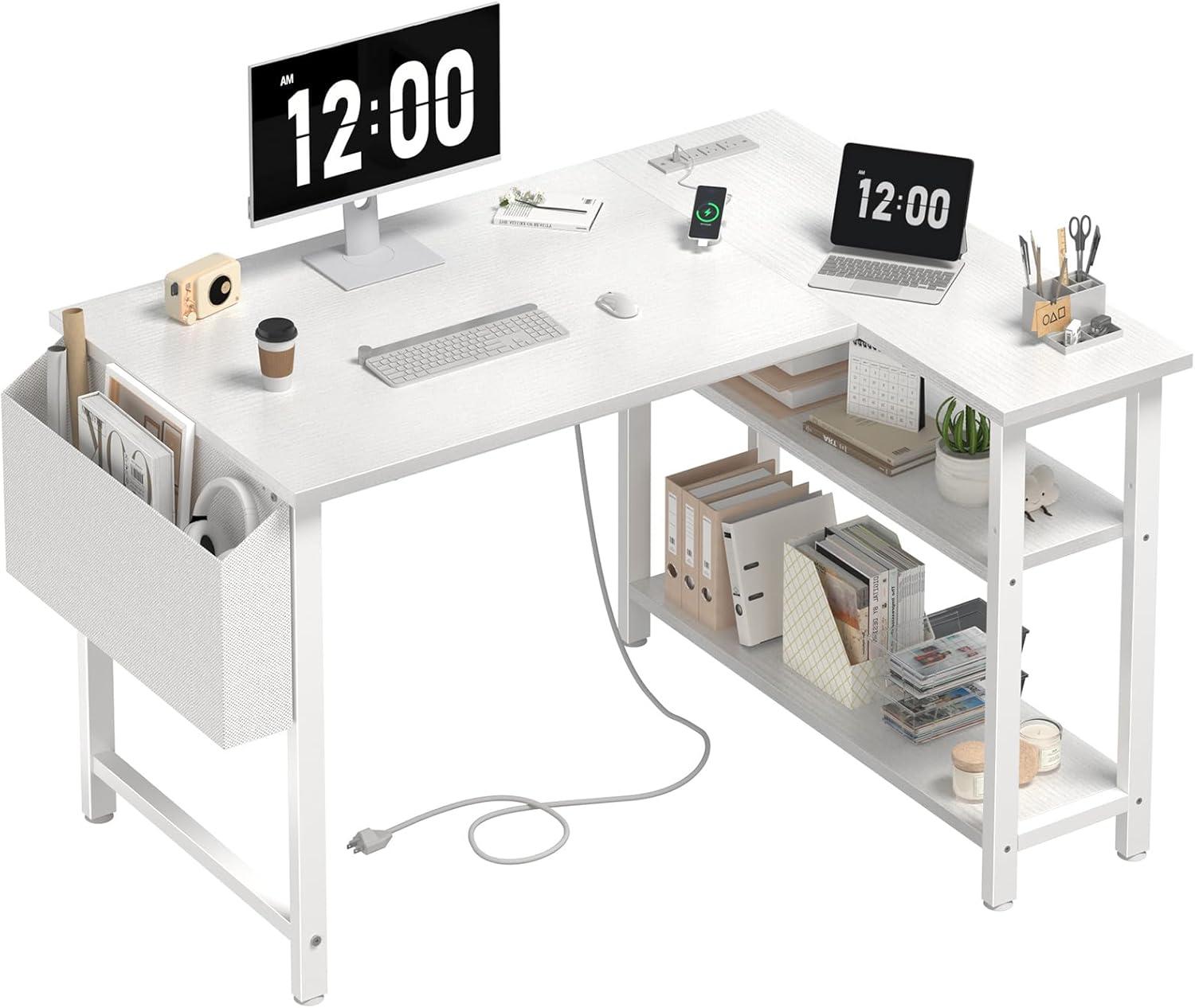 White L-Shaped Computer Desk with Power Outlet and USB Ports