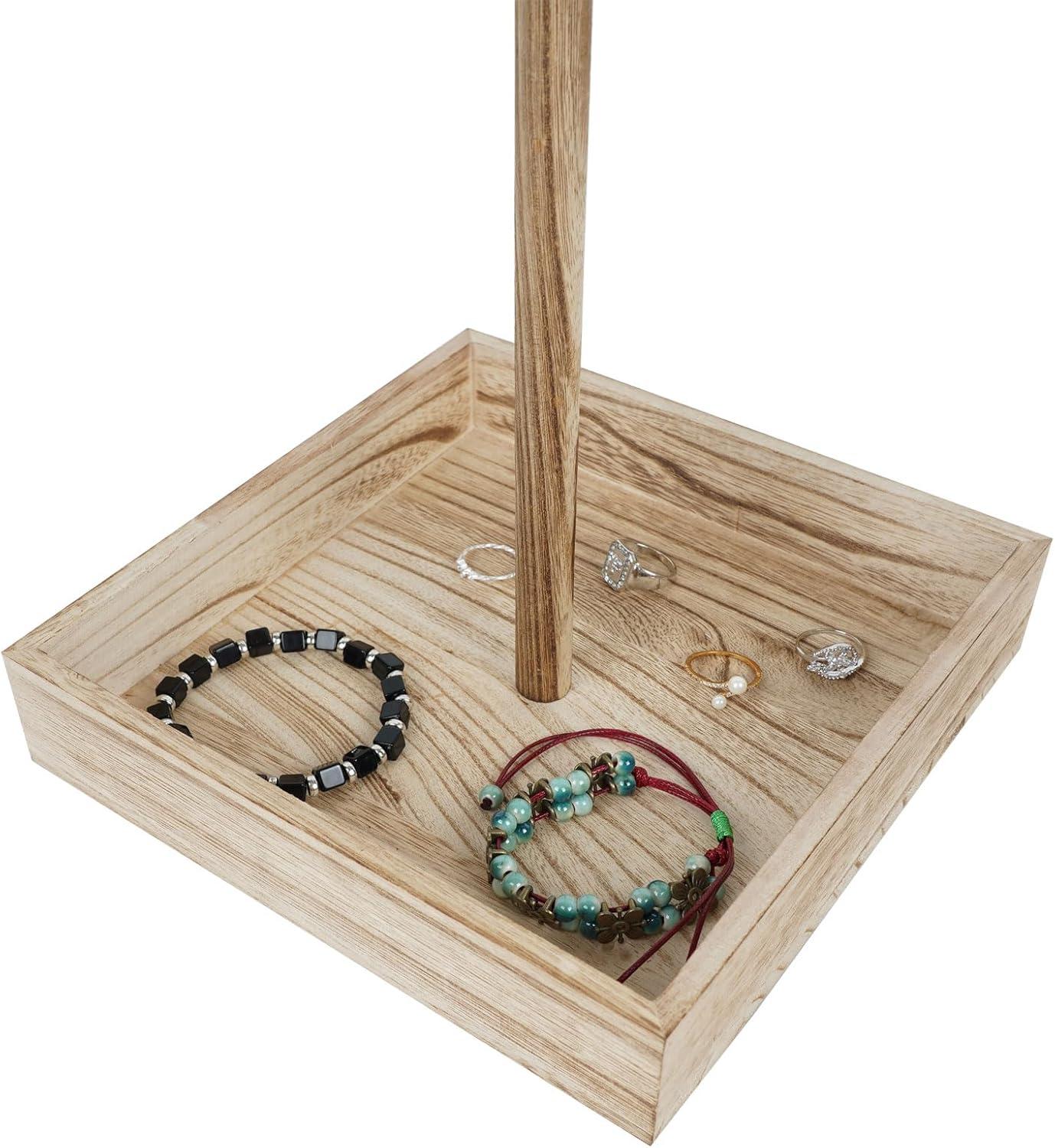 Natural Wood Rotating Jewelry Stand with 28 Hooks