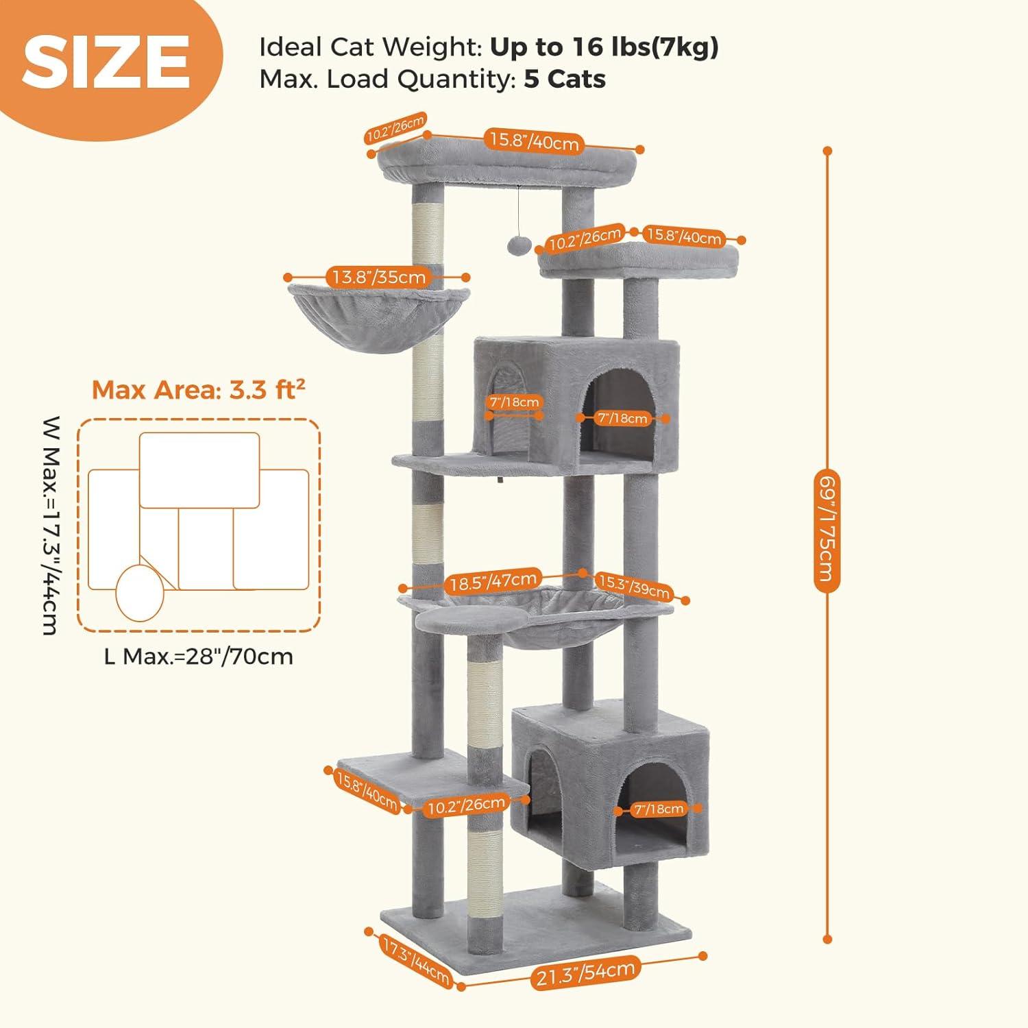 Ophelia & Co. 69" Tall Cat Tree Tower For Indoor Large Cats With Super Large Hammock, Scratching Posts, Condo House And Large Top Perch