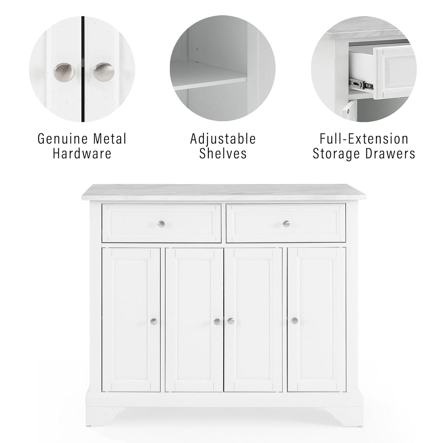 Avery Kitchen Island/Cart Distressed White/White Marble - Crosley: Adjustable Shelves, Particle Board Frame, 6 Shelves, 2 Drawers