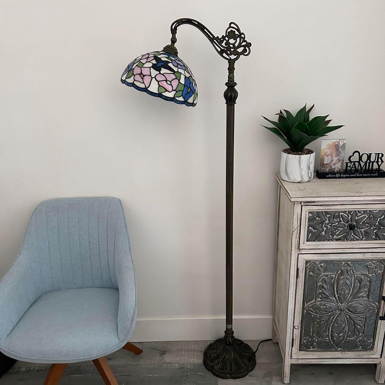 Tiffany Floor lamps Pink blue stained glass Hummingbird Flowers LED Bulb Included Gooseneck Adjustable Corner Standing Reading Light for Living Room Bedroom 20"W*12"D*63"H