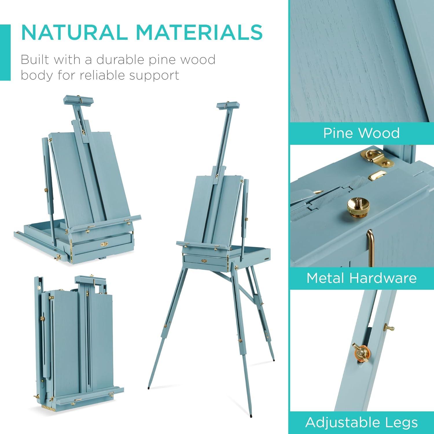 Best Choice Products French Easel, 32pc Beginners Kit Portable Wooden Adjustable Tripod  w/ Paint Supplies - Blue