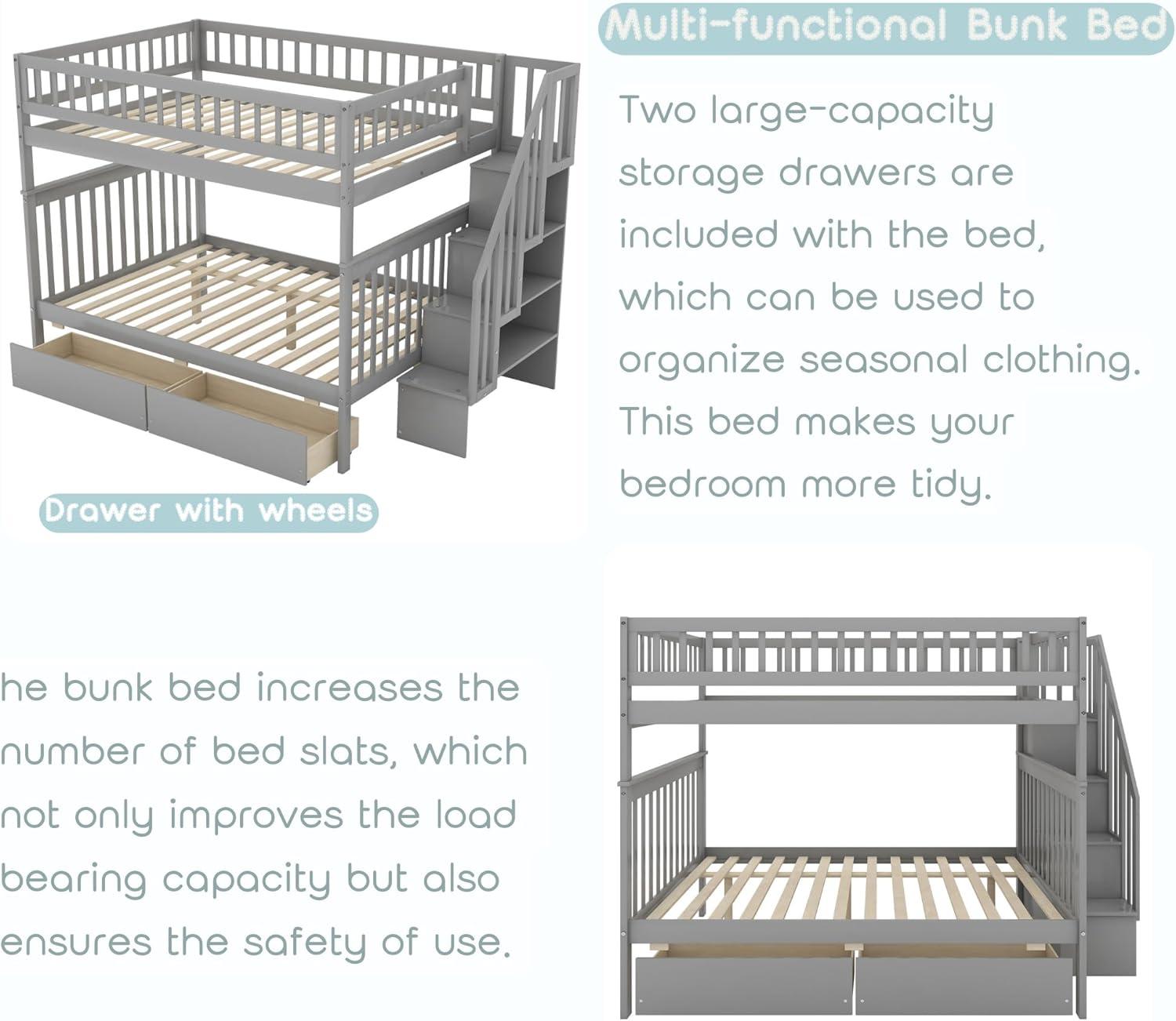 Full Over Full Bunk Beds with Drawers and Stairs Stairway Bunk Bed Frame with Storage Shelves for Kids Teens Adult, Wood Full Bunk Bed for Boys Girls Adults, Gray