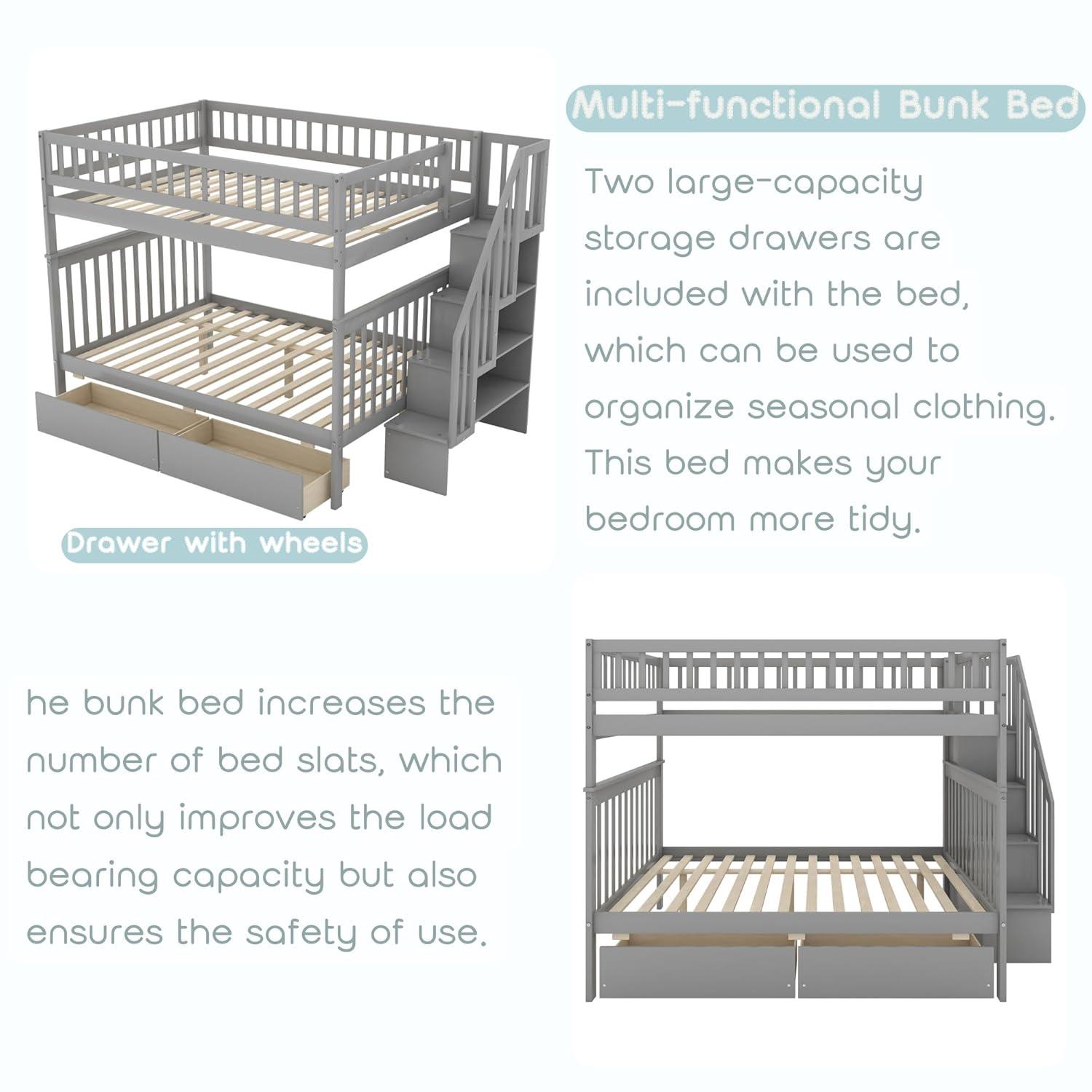 Full Over Full Bunk Beds with Drawers and Stairs Stairway Bunk Bed Frame with Storage Shelves for Kids Teens Adult, Wood Full Bunk Bed for Boys Girls Adults, Gray