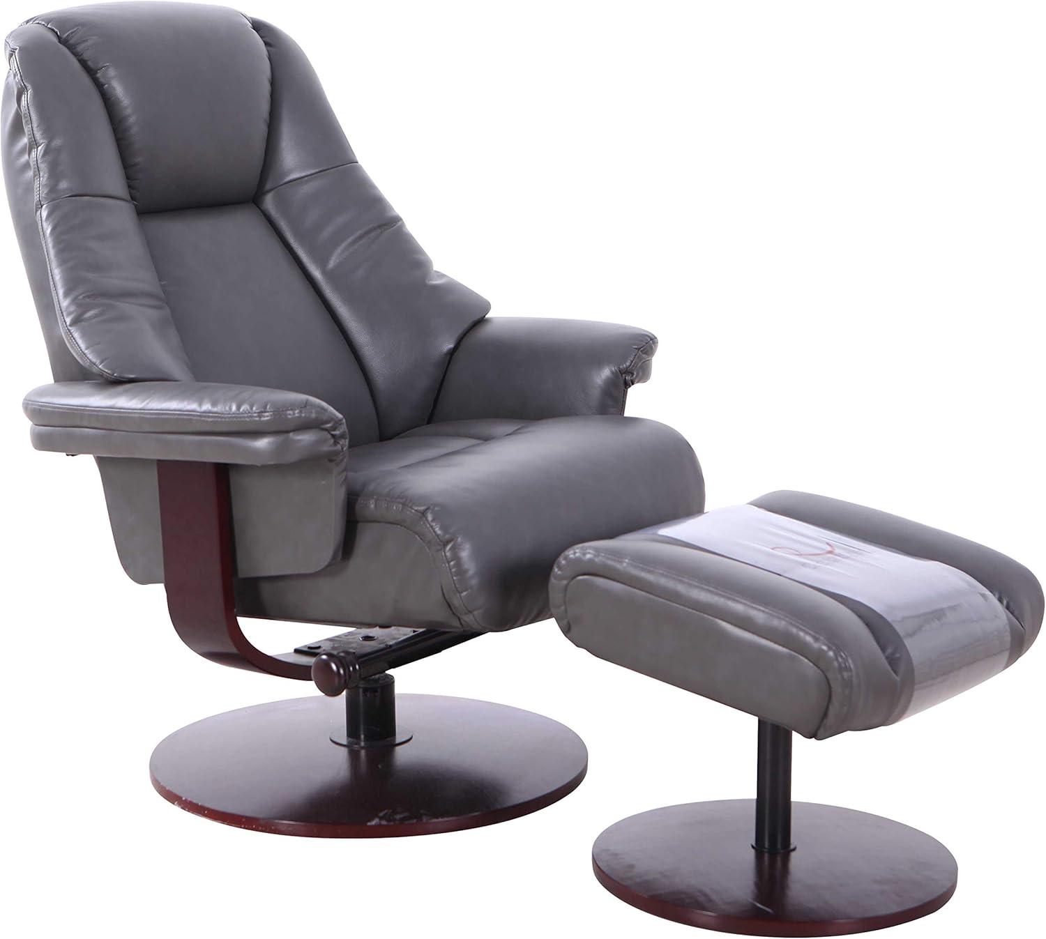 Transitional Charcoal Leather Swivel Recliner with Wood Accents