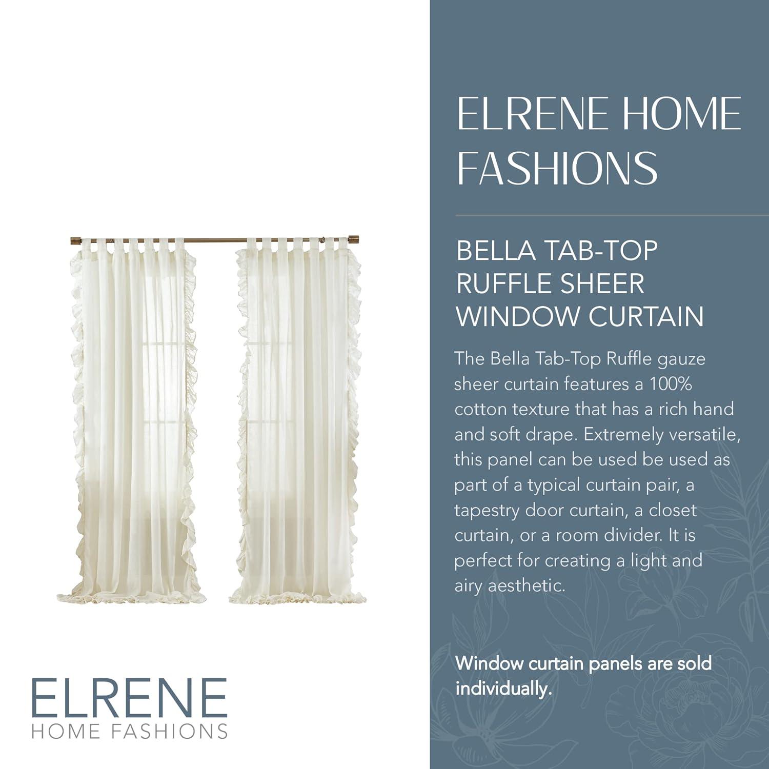 Bella Tab-Top Ruffle Cottagecore Single Sheer Window Curtain Panel - 52" x 95" - Ivory - Elrene Home Fashions