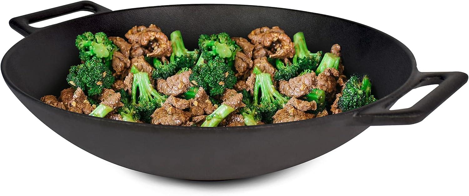 Cast Iron Wok, Jim Beam 12'' Grilling Wok, Pre Seasoned Cast Iron Wok with Handles, Wok Provides Superior Heat Retention and Even Cooking, Cast Iron Wok for Grill and Oven use