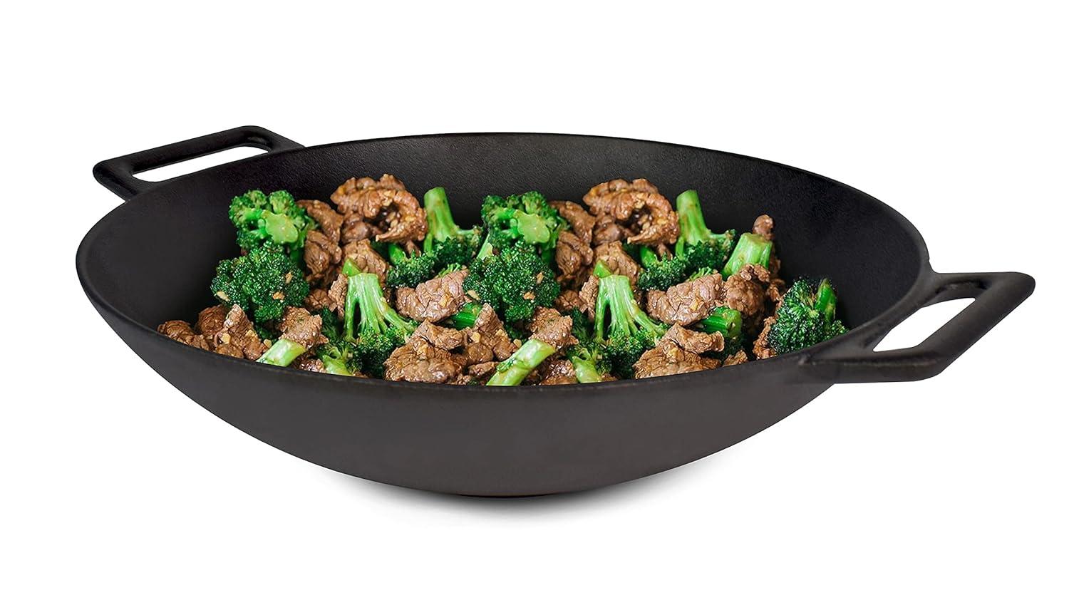 Cast Iron Wok, Jim Beam 12'' Grilling Wok, Pre Seasoned Cast Iron Wok with Handles, Wok Provides Superior Heat Retention and Even Cooking, Cast Iron Wok for Grill and Oven use