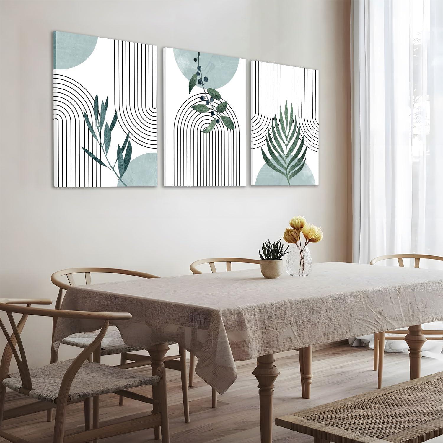 Minimalist Boho Wall Art Set of 3, MidCentury Modern Wall Art, Framed Canvas Wall Art Yellow Green Beige Moon Botanical Geometric Neutral Abstract Artwork Prints, Boho Room Wall Decor Ready To Hang