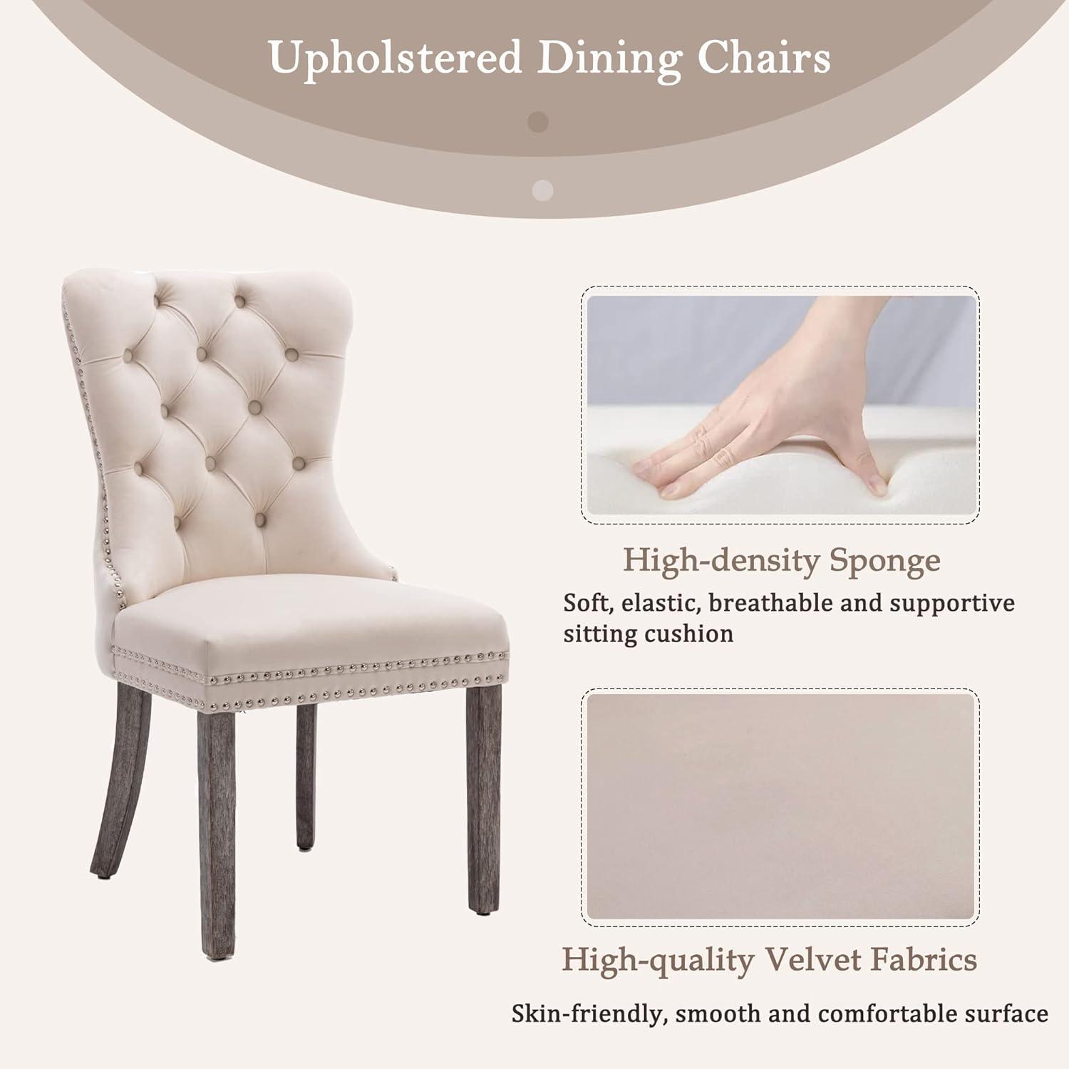 Tzicr Tufted Dining Chairs Set of 4, Upholstered Dining Chairs with Nailhead Back, Nailhead Trim, Velvet Dining Chairs for Kitchen/Bedroom/Dining Room(Beige)