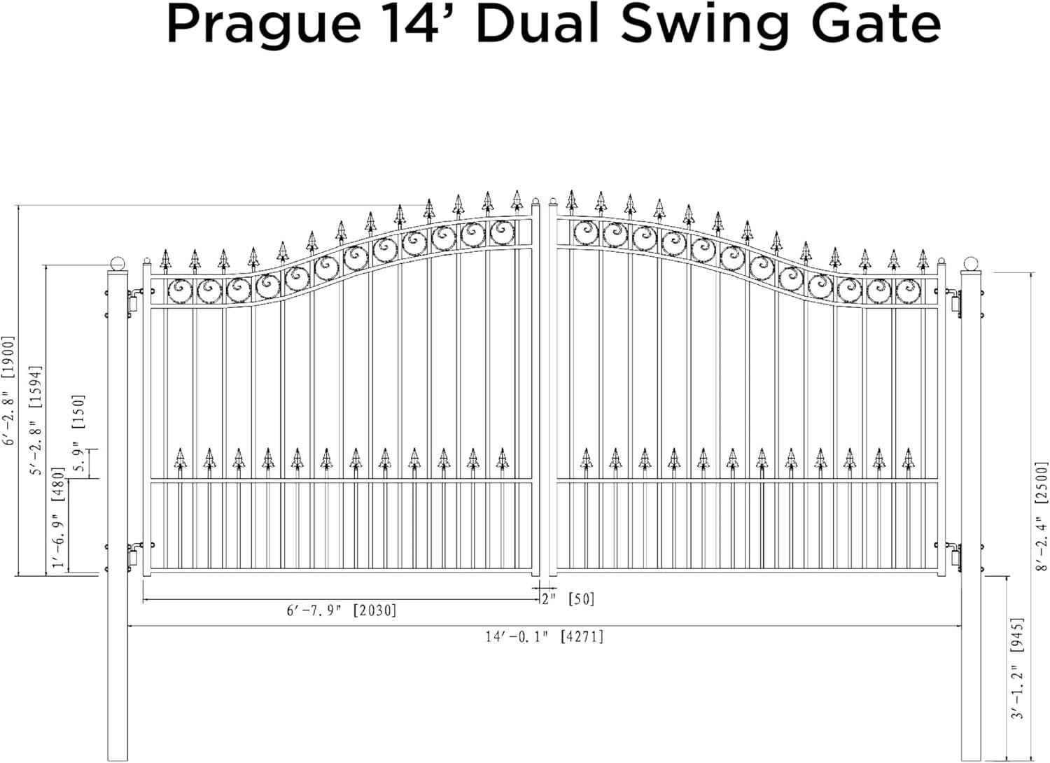 Prague Style Black Steel Dual Swing Driveway Gate 14x6 Feet