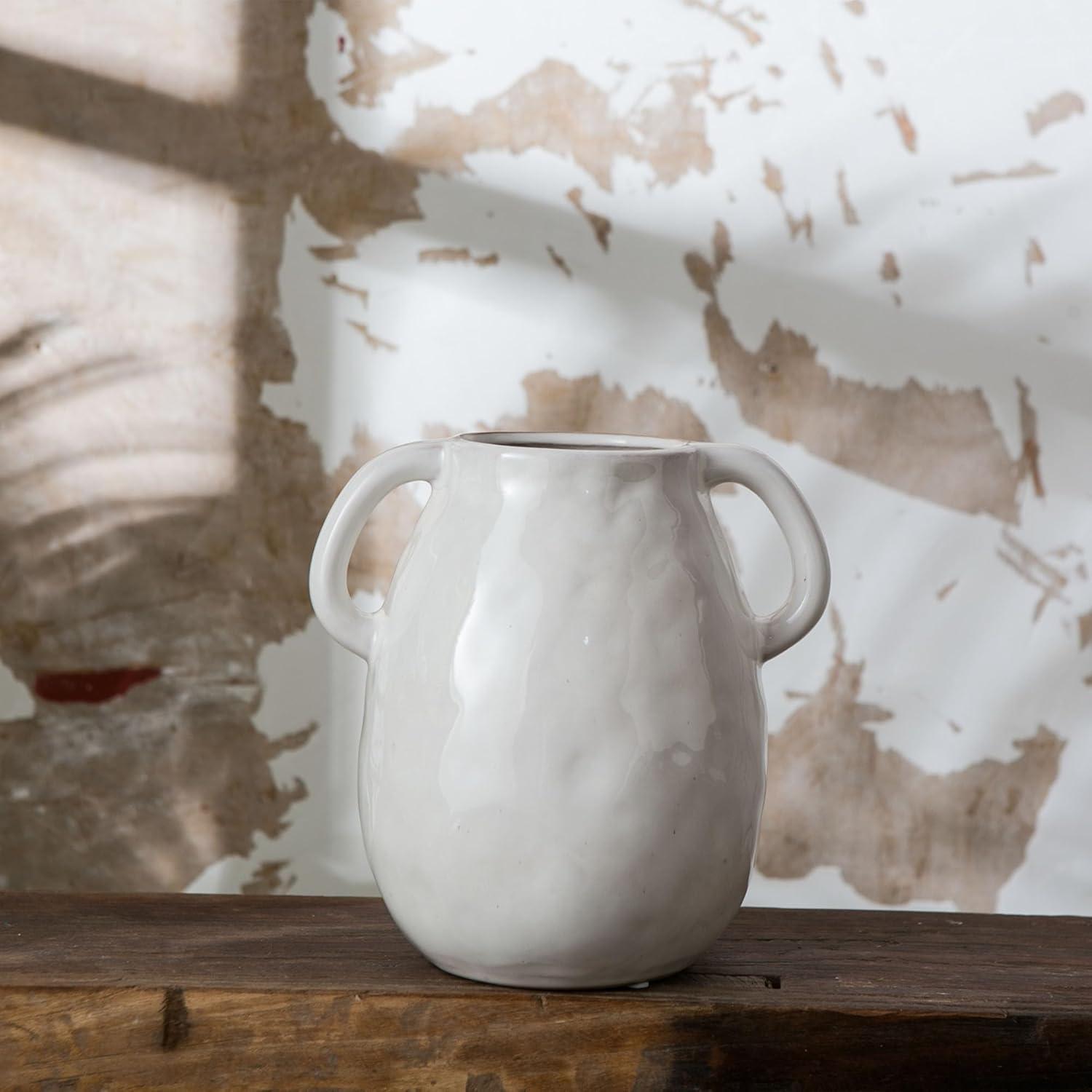 Grey Ceramic Vase with 2 Handles, Modern Farmhouse Vase for Home Decor, Rustic Terracotta Vase, Decorative Pottery Flower Vase, Clay Samll Vase, Centerpieces for Dining Table - 7 Inch Tall