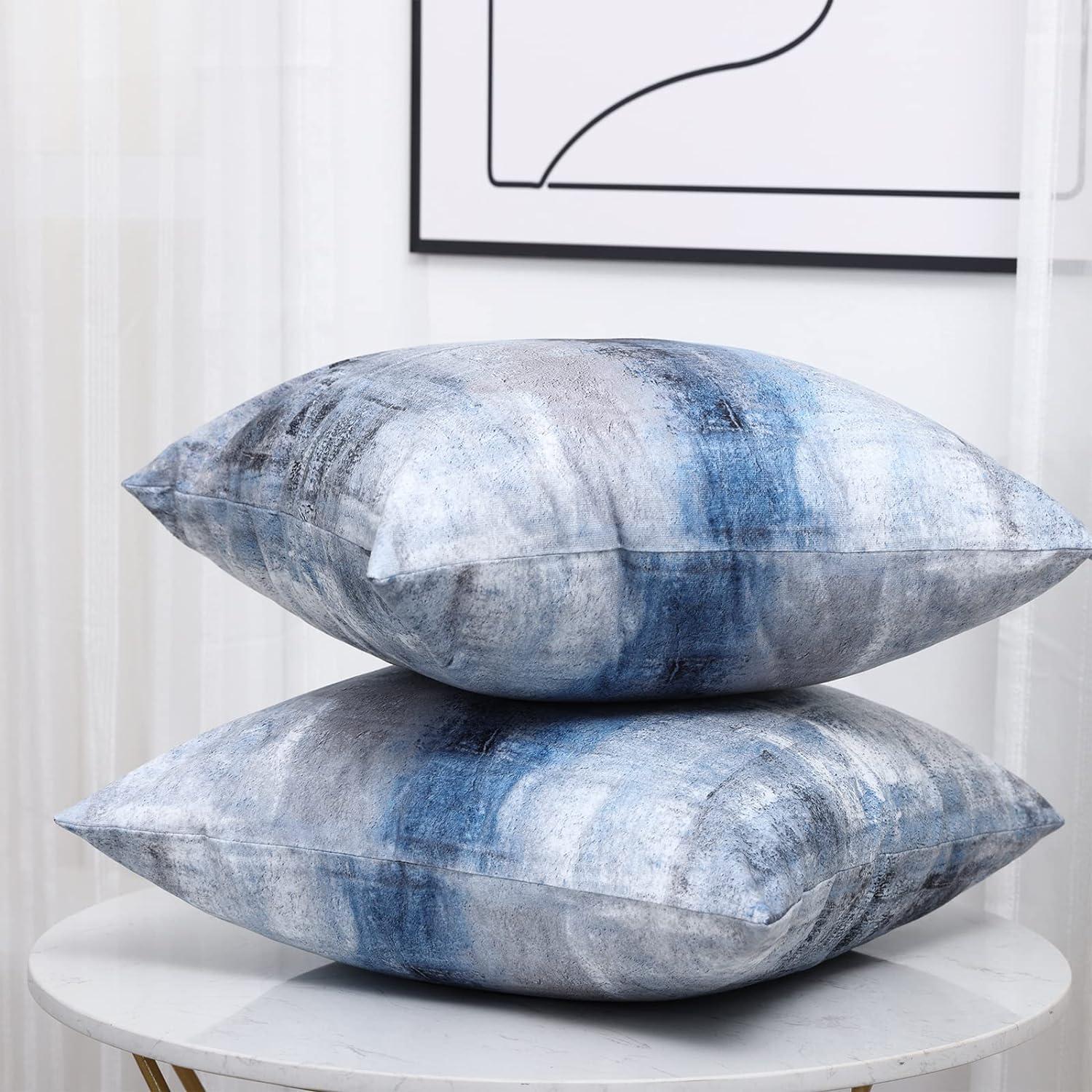 16x16 Blue and Grey Abstract Art Polyester Pillow Covers, Set of 2