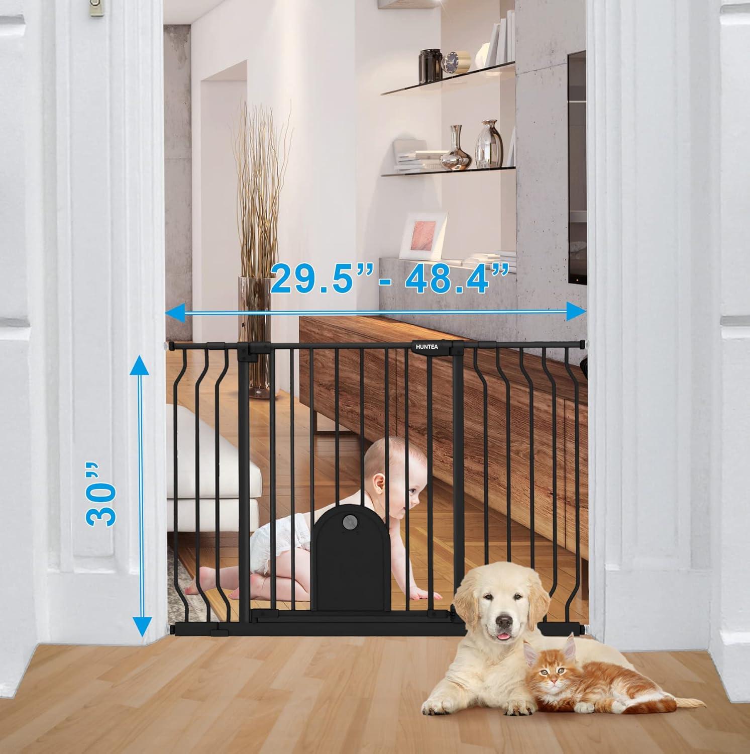 Baby Gates with Cat Door - Auto Close 29.5"-48.4" Safety Metal Dog Pet Gate for Doorway, Stairs, House, Walk Through Child Gate with Pet Door, includes 4 Wall Cups and 2 Extension Pieces
